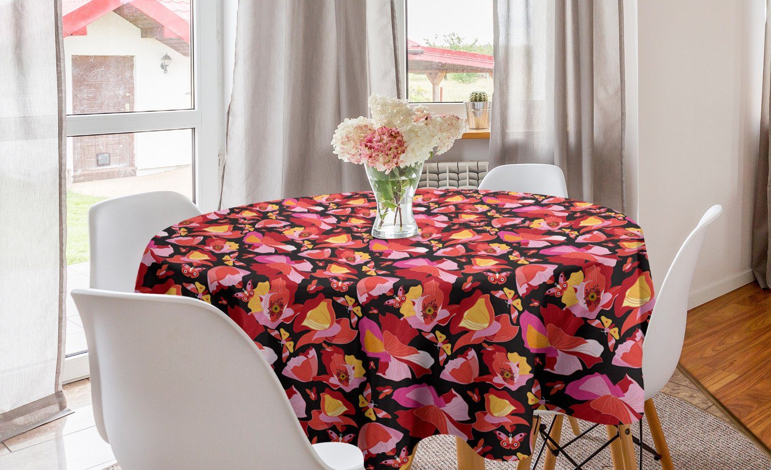 Abakuhaus Tischdecke Kreis Tischdecke Abdeckung für Esszimmer Küche Dekoration, Mohn Blüten Schmetterlinge