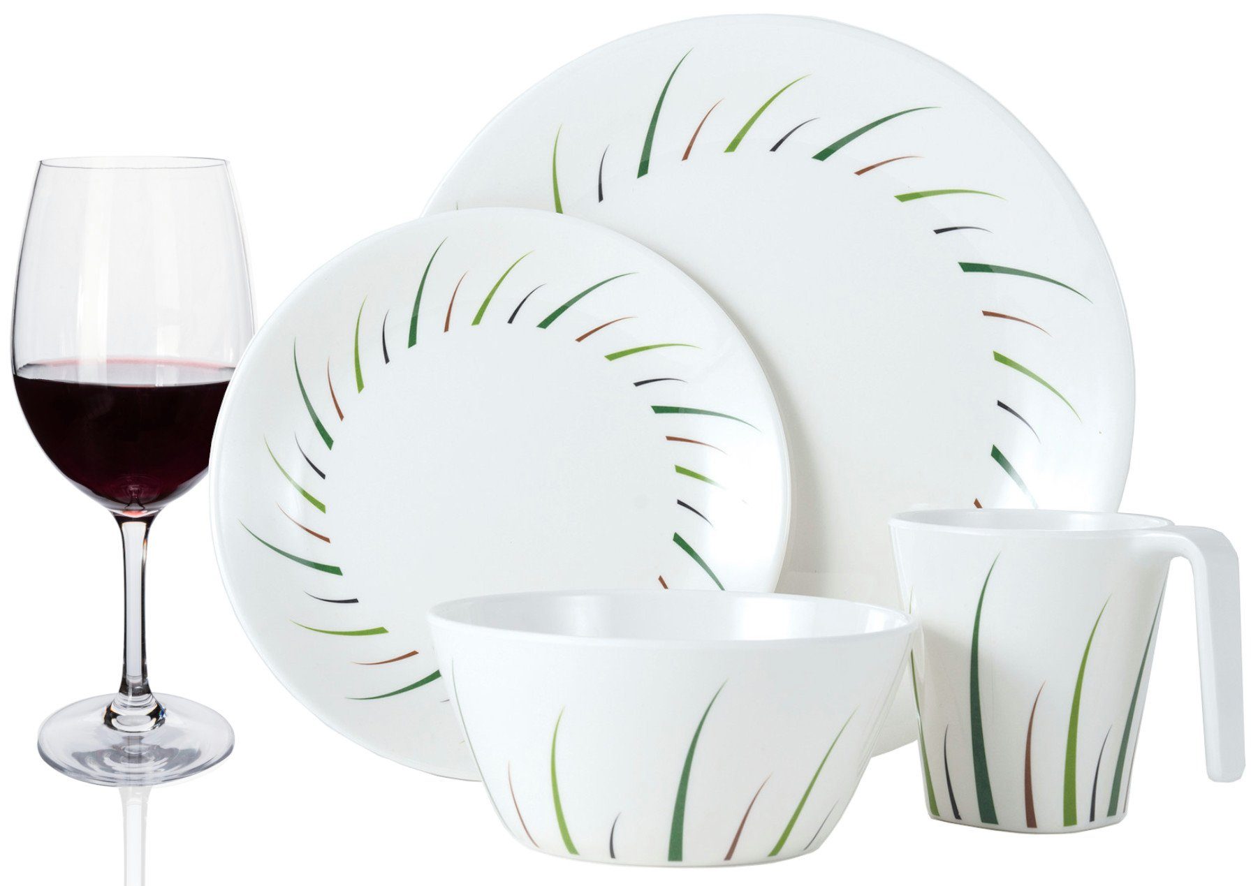 Moritz Geschirr-Set Melamin Camping Geschirr Set 4 Personen Teilig + 4 Tiamo Rotweingläser