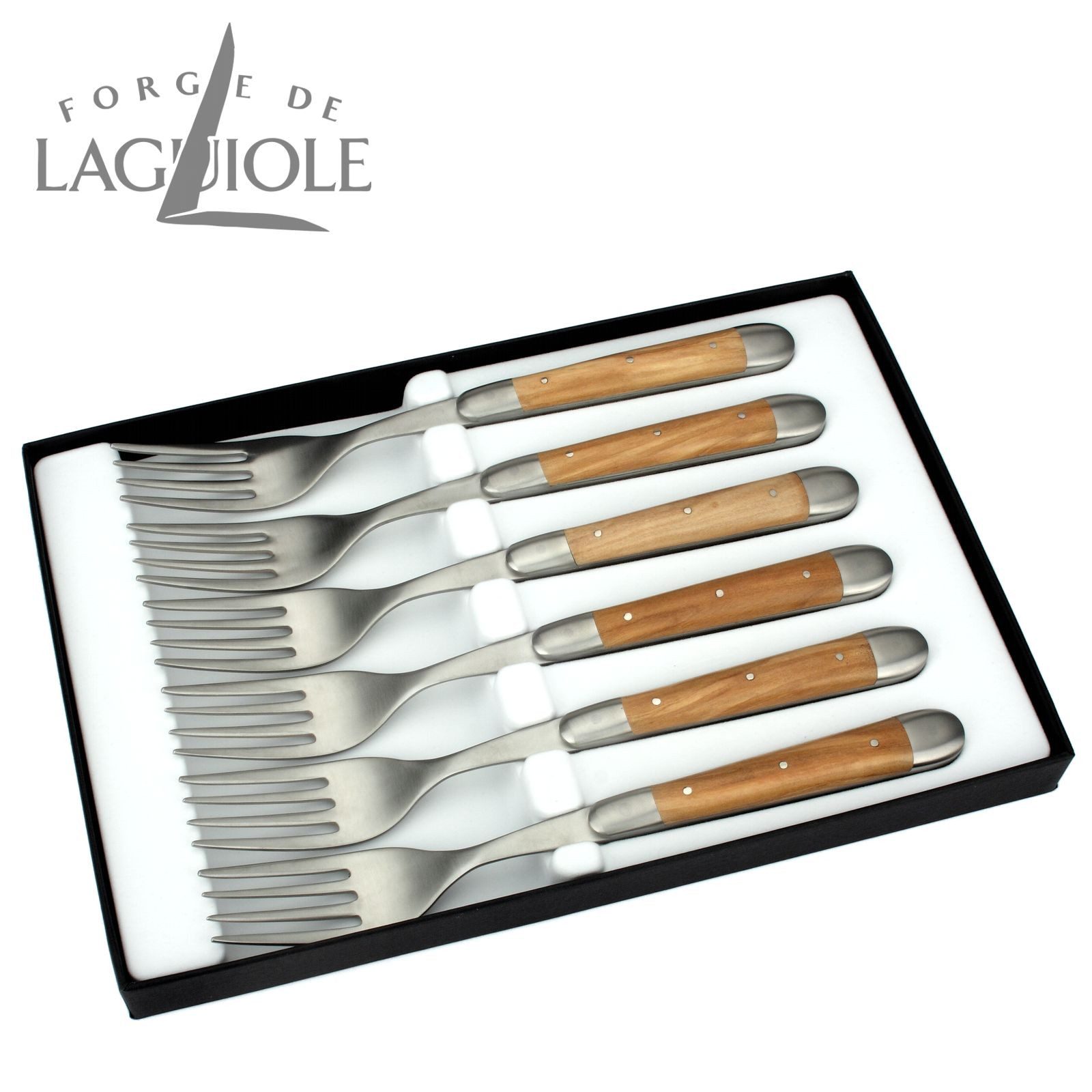 Forge de Laguiole Steakbesteck FE6 2M IN OL SAT, 6 Gabeln - Griff Olivenholz - Backen matt - Gabelteil Stahl satiniert