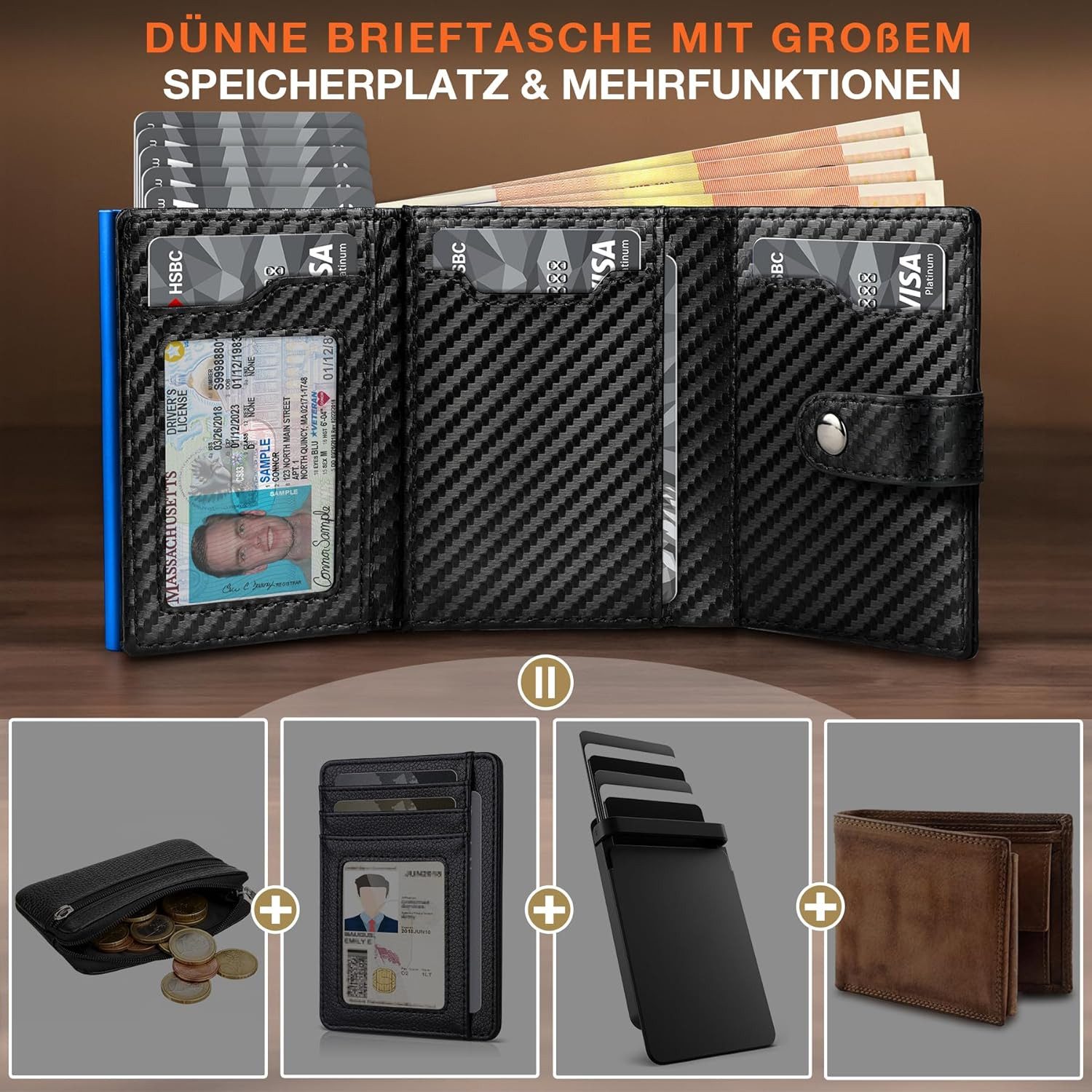 TEEHON Geldbörse Geldbeutel Herren mit Münzfach & RFID Schutz, Slim Wallet für 8 Karten (Kartenetui Klein, Portmonee Geldbörse Herren), für Kreditkarten Kreditkartenetui - Blau & Schwarz