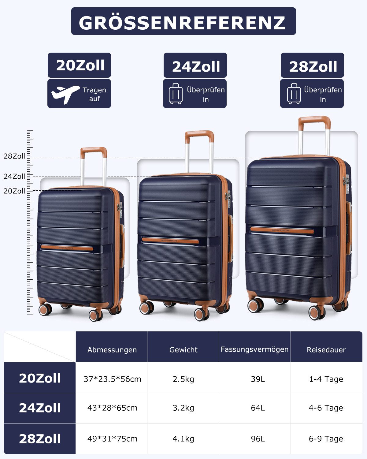 British Traveller Handgepäck-Trolley Reisekoffer Hartschalenkoffer aus 100% PP 8 Spinnerräder, TSA-Schloss