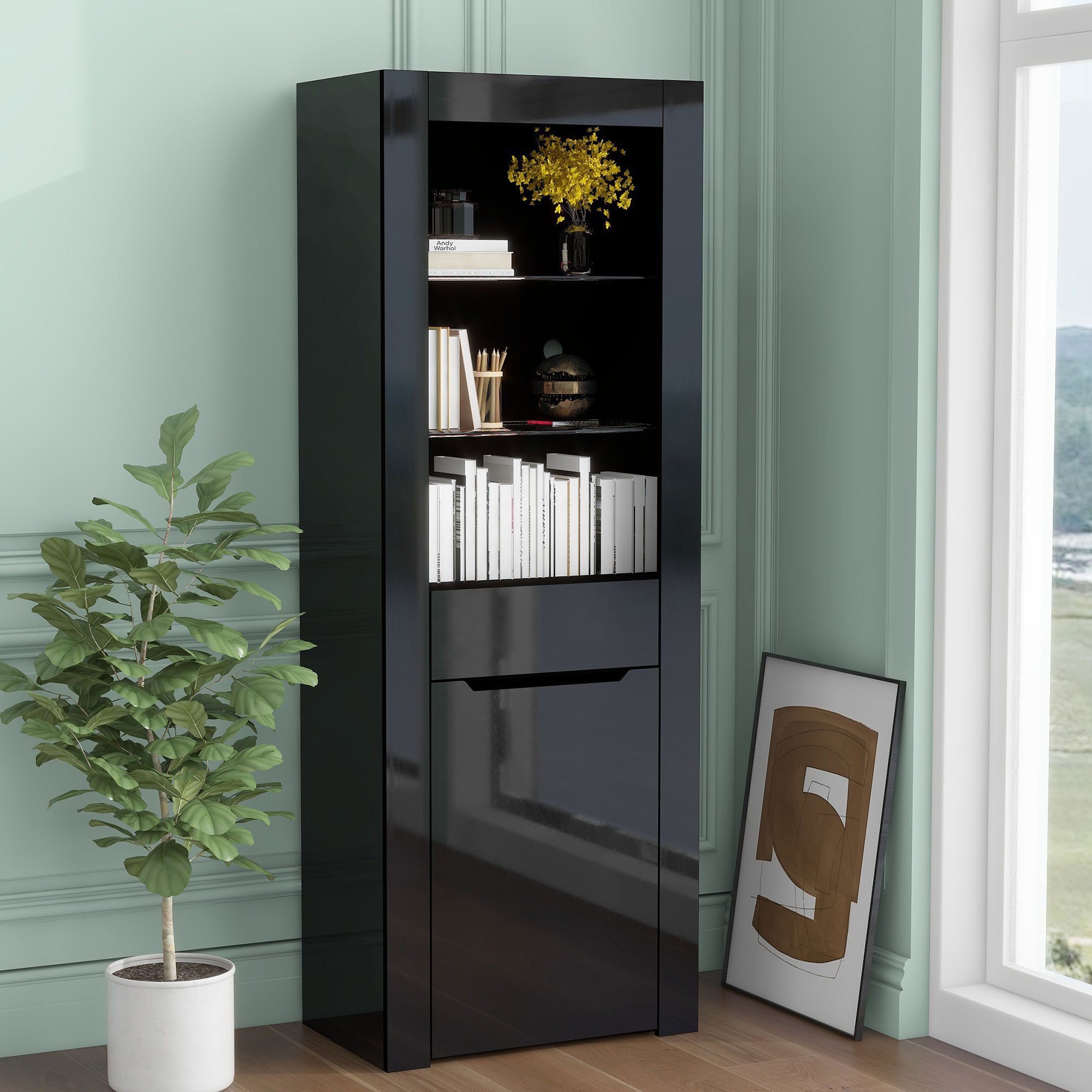 OKWISH Vitrine Aktenschrank (Aktenschrank Standvitrine Aufbewahrungsschrank, mit Regalen Vitrinenschrank Küchenschrank Bücherschrank) für Küche Wohnzimmer Büro Esszimmer Grau