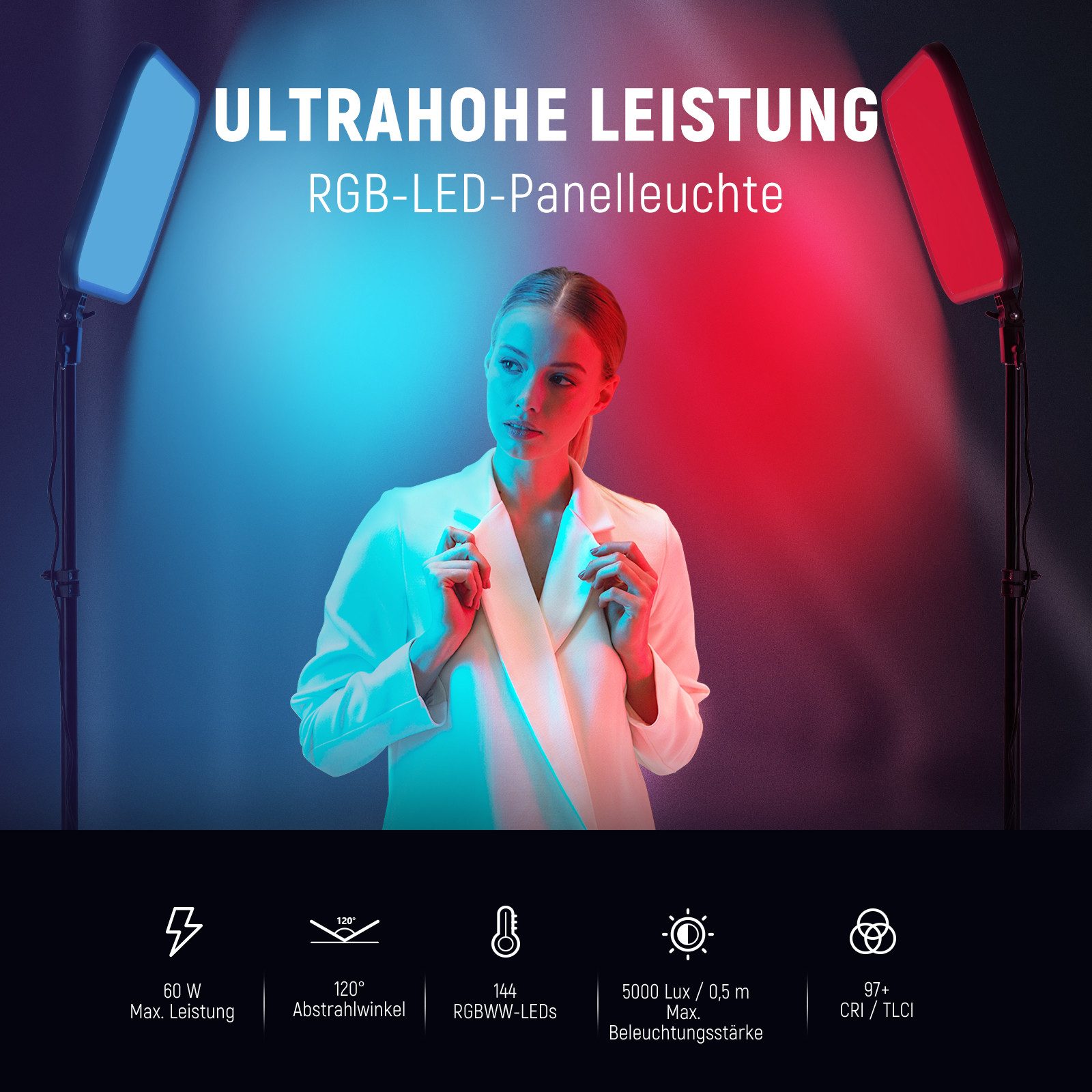 Neewer Videoleuchte RGB168 60W LED Panel CRI97+ 2500K-8500K mit App, Energie Efizienz Label (A bis G):F