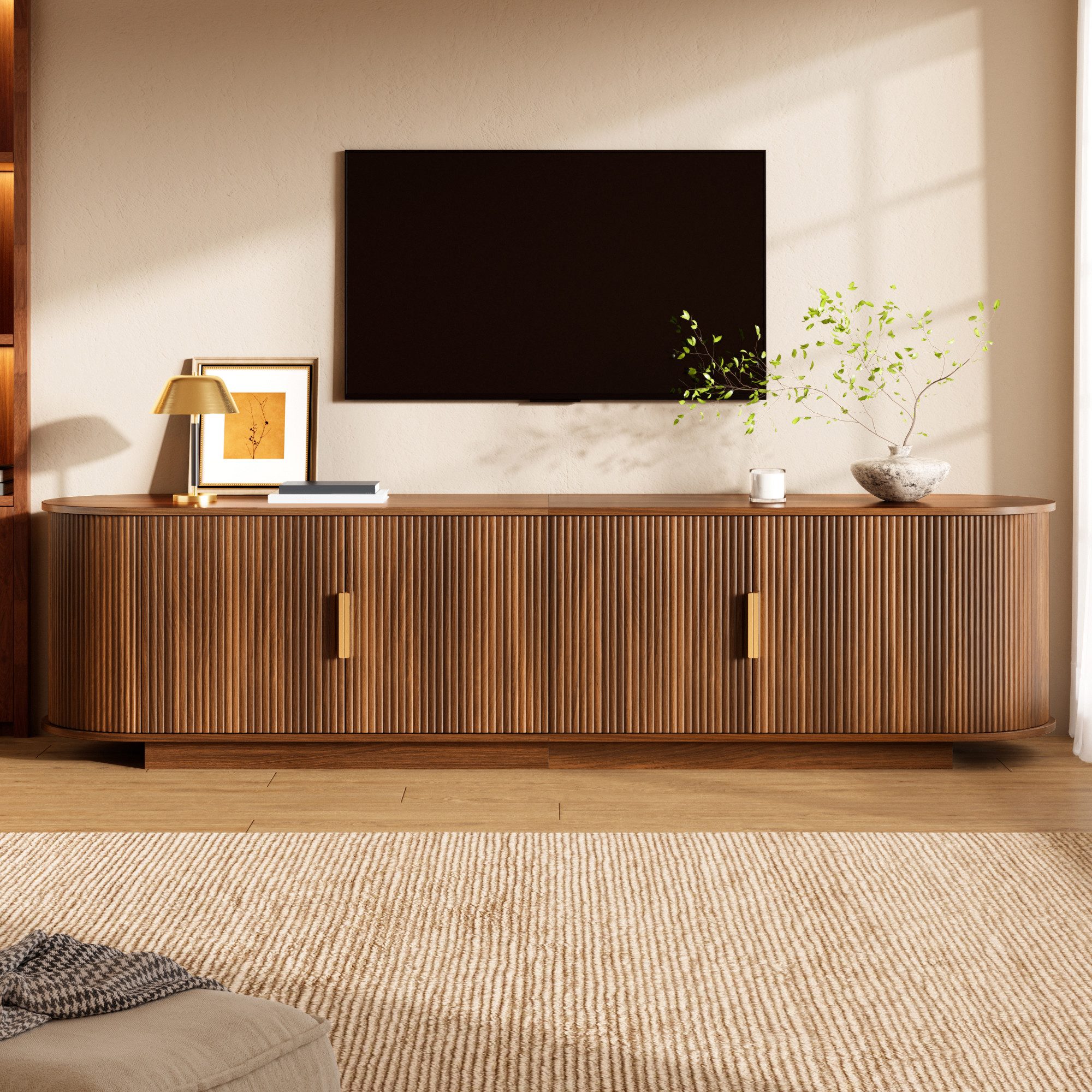 Merax Lowboard mit Wellenstruktur, Fernsehschrank in Holzoptik (1 St), TV-Schrank mit 4 Türen, Metallgriffe & Stauraum, 180x35x50cm