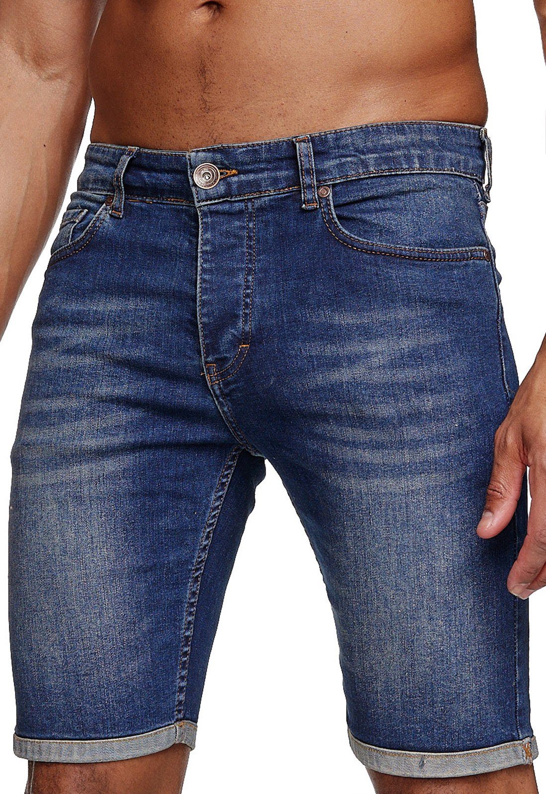 Reslad Jeansshorts Reslad Jeans Shorts Herren Kurze Hosen Sommer l Used Look Washed Männe Denim Jeansbermudas Stretch Jeans-Hose dunkelblau