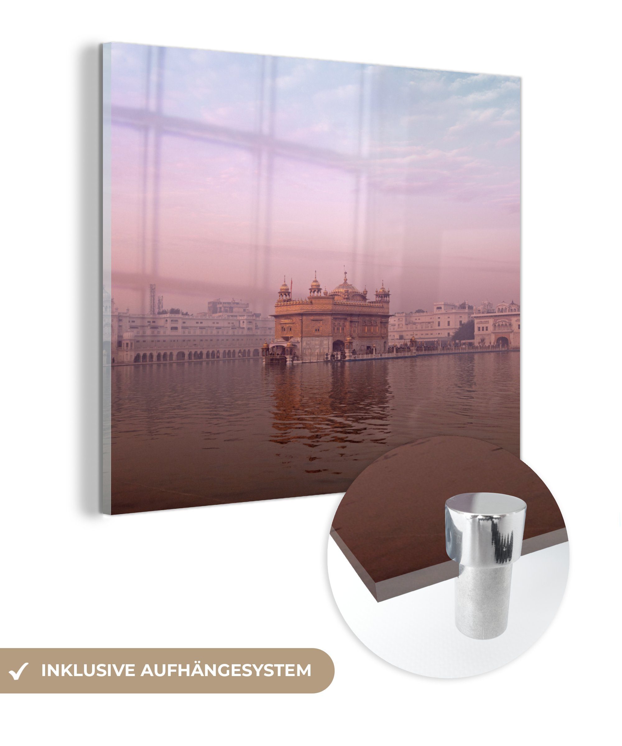 Glas Wandbild - Wanddekoration am in Amritsar, Sonnenaufgang Bilder St), Glasbilder Glas auf (1 auf - Acrylglasbild Goldenen MuchoWow Tempel Foto -