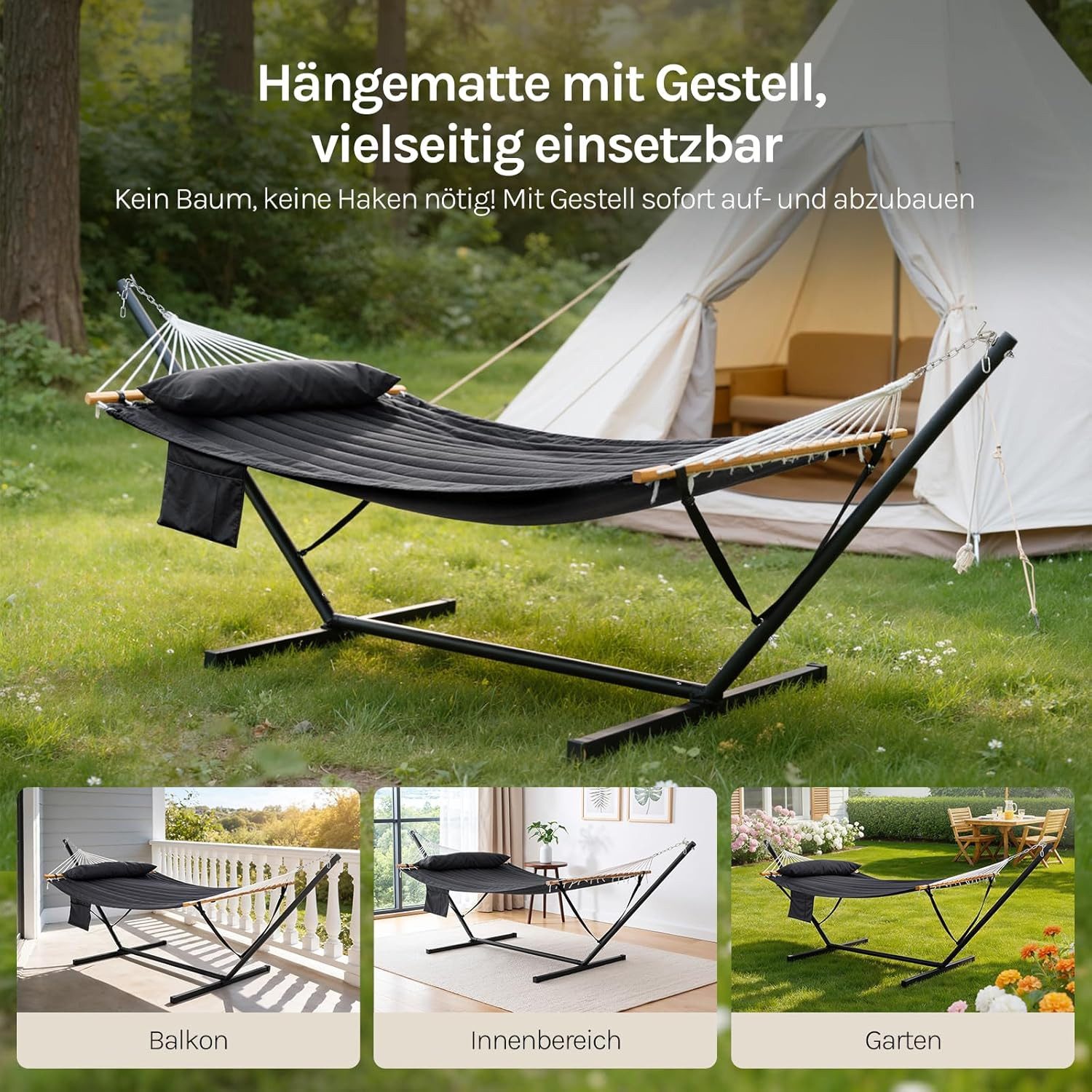 Woltu Hängematte (1 St), 250KG belastbar Doppelhängematte mit Kissen