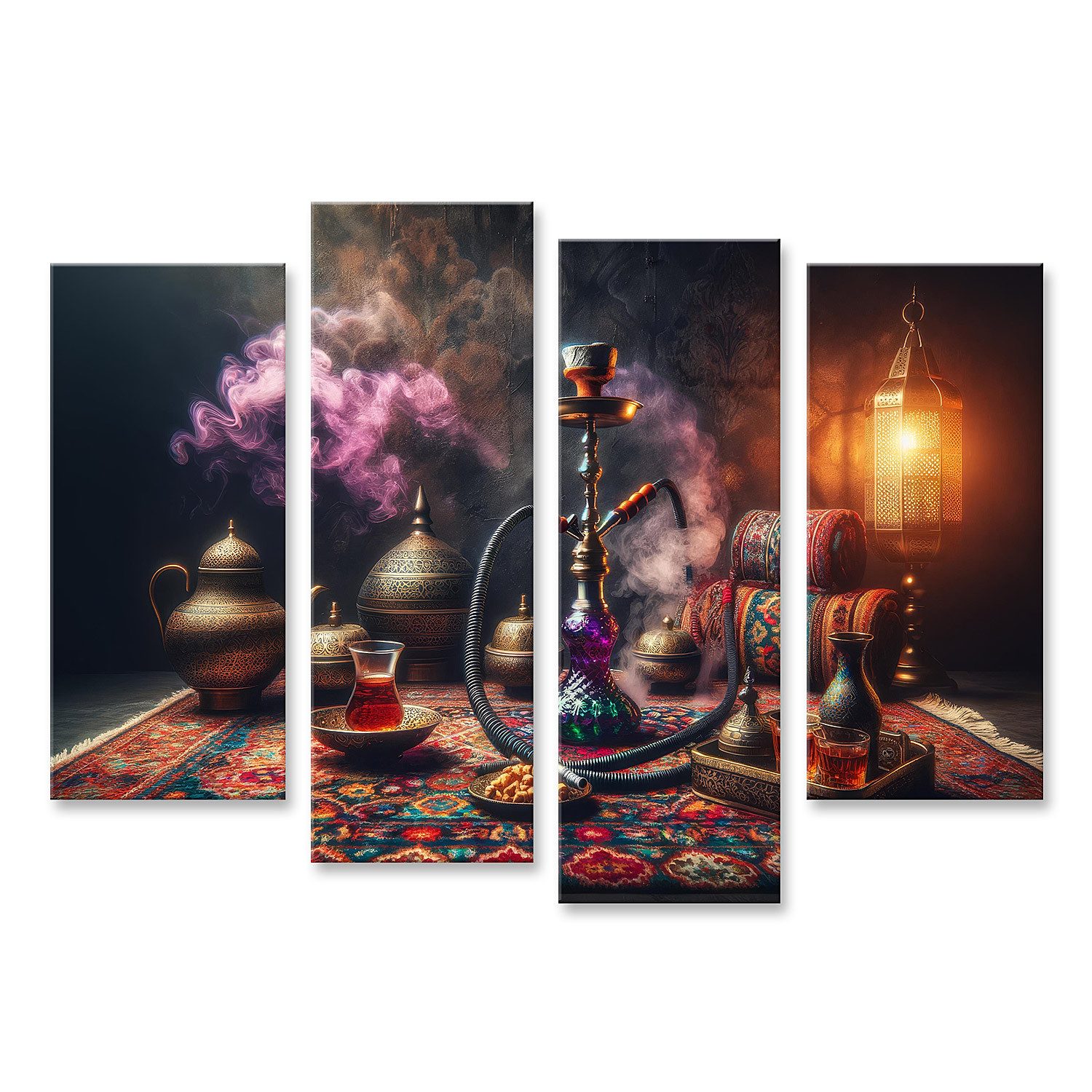 Leinwandbild Orientalische Lounge mit rauchender Shisha und traditionellem Teeset