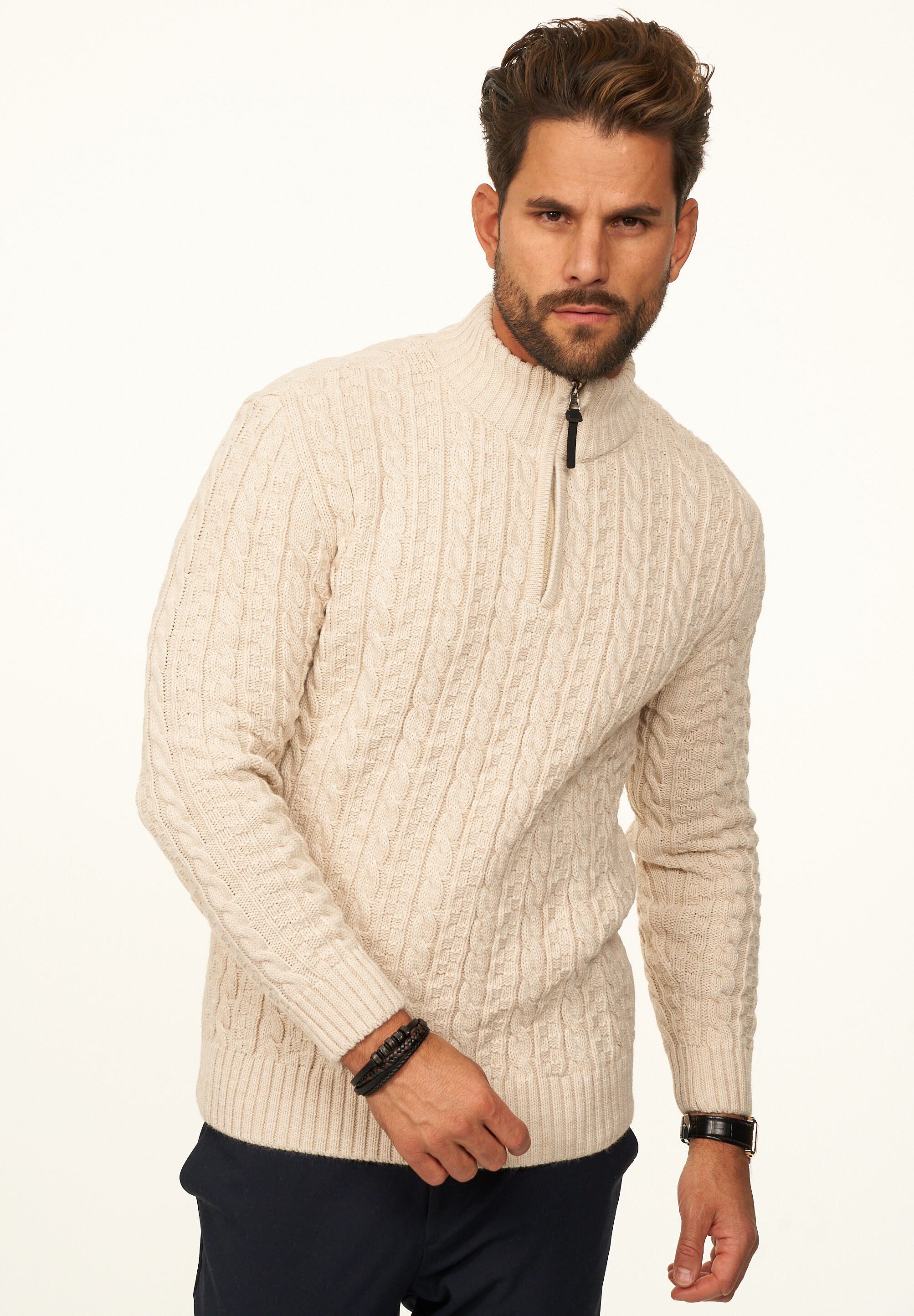 DAILY COTTON Strickpullover als Grobstrick Troyer Pulli mit Zopfmuster für Herren Männer Winterpullover Half-Zip im Regular-Fit