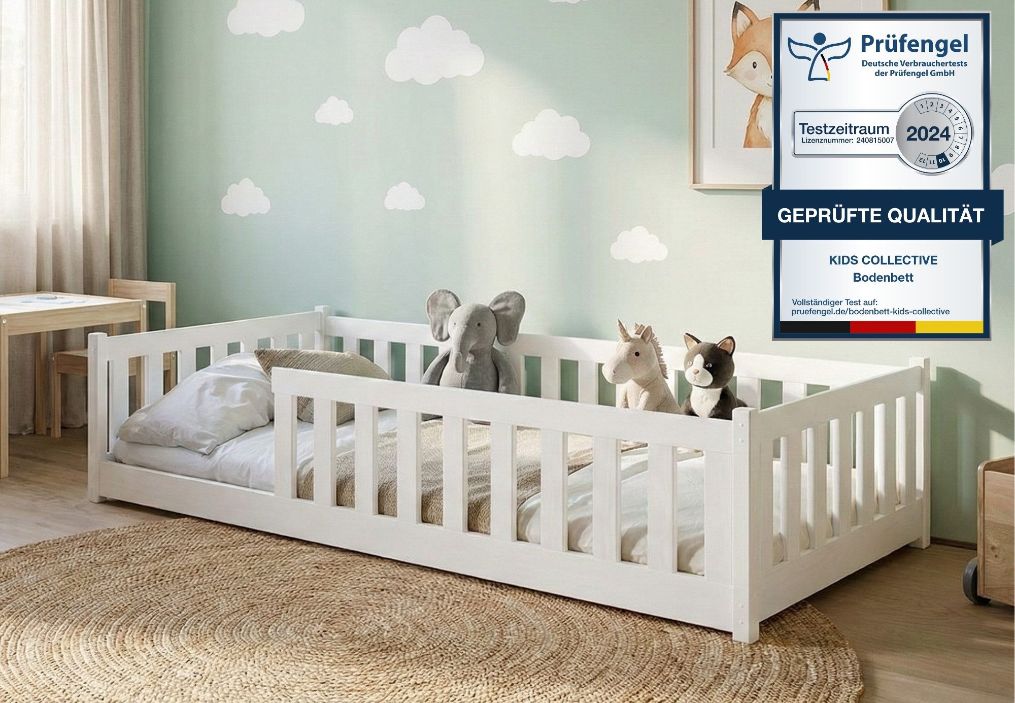 Kids Collective Kinderbett Bodenbett Bett mit Rausfallschutz & Lattenrost Montessori Bett Kinder (Jungen, Mädchen, Kinder, weitere Größen 80x160, 80x180, 90x190, 120x200, 140x200 cm), Jugendbett Gitterbett Einzelbett, weiß Kiefer 90 x 200 cm