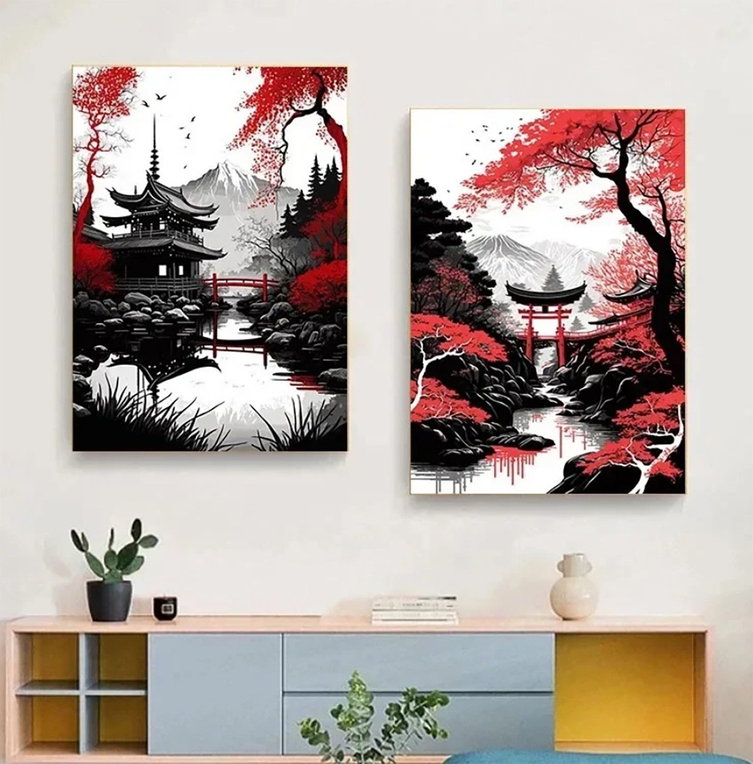TPFLiving Kunstdruck OHNE RAHMEN, Japanische Landschaften, Berge und Tempel - (Leinwandbild XXL), Farben: Farben: Rot und schwarz - Größe: 20x30cm