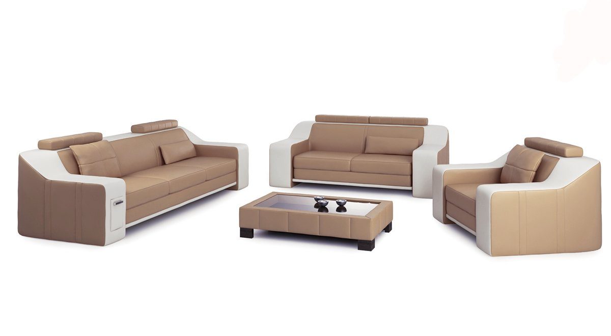Europe Sofas, Sofa Sitzer JVmoebel Sofa Ledersofa Couch in Sofagarnitur Beige/Weiß Made Modern Design 3+1+1
