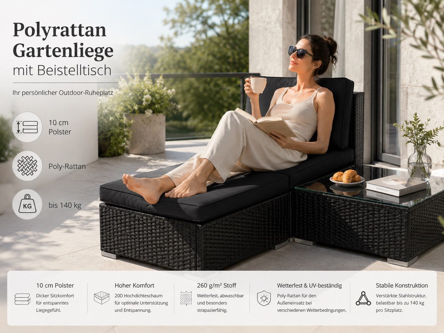 MeXo Gartenlounge-Set Balkonmöbel Set Modulsofa, (Loungesessel mit Beistelltisch, Gartenmöbel Set Klein mit 1 Tisch, 1 Hocker und 1 Sofa), 10 cm Kissen, wetterfest