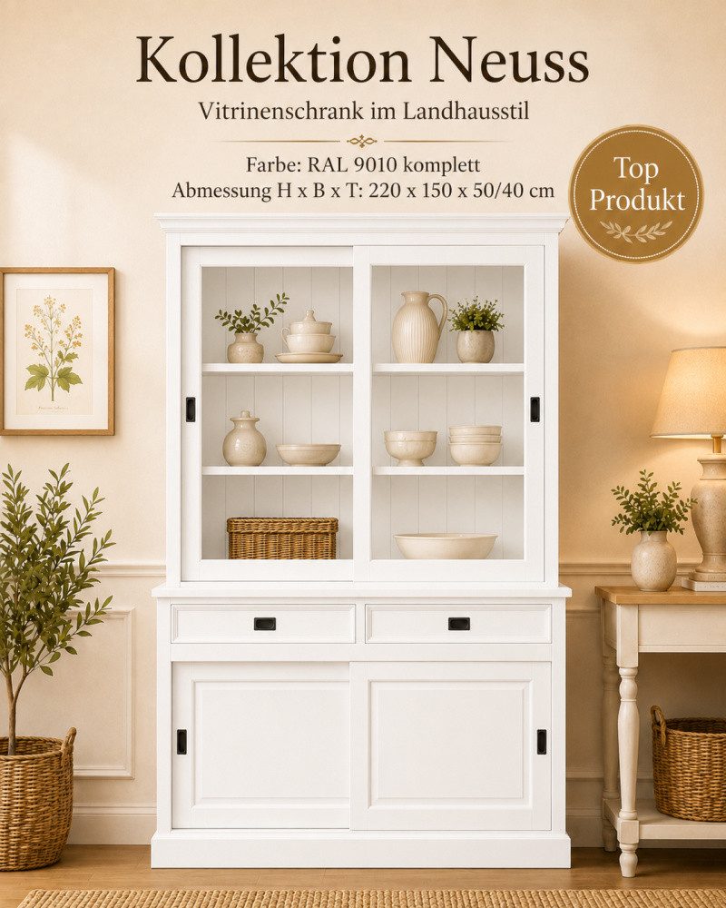 Wohnpalast Vitrine Landhaus Vitrinenschrank Neuss 150 cm Weiß Buffetschrank