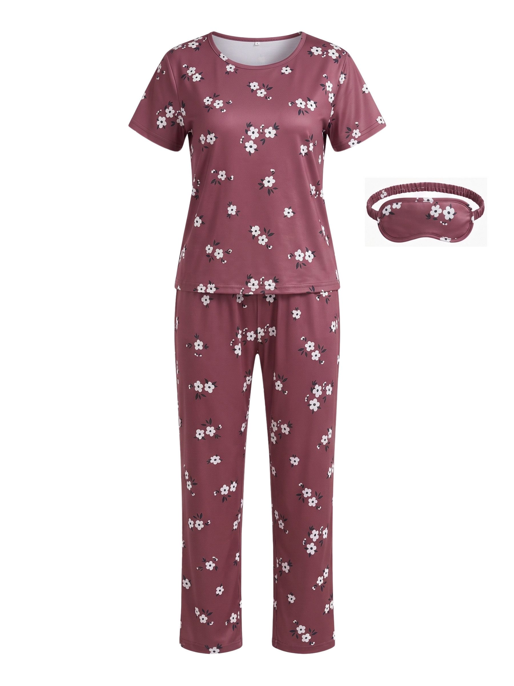 Elegant Love Pyjama Damen-Schlafanzug-Set mit Blumenmuster – Bequeme Nachtwäsche (Set, 3 tlg., mit T-Shirt, langer Hose & Schlafmaske) Stilvolle Loungewear & be – Bild 2 von 5