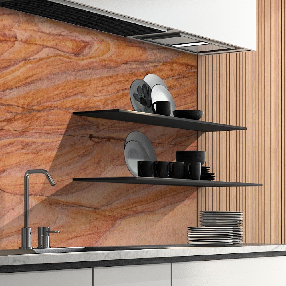 DRUCK-EXPERT Küchenrückwand Naturstein aus 100 % Echtstein - jede Platte ein Unikat Sandstein Gold Melange