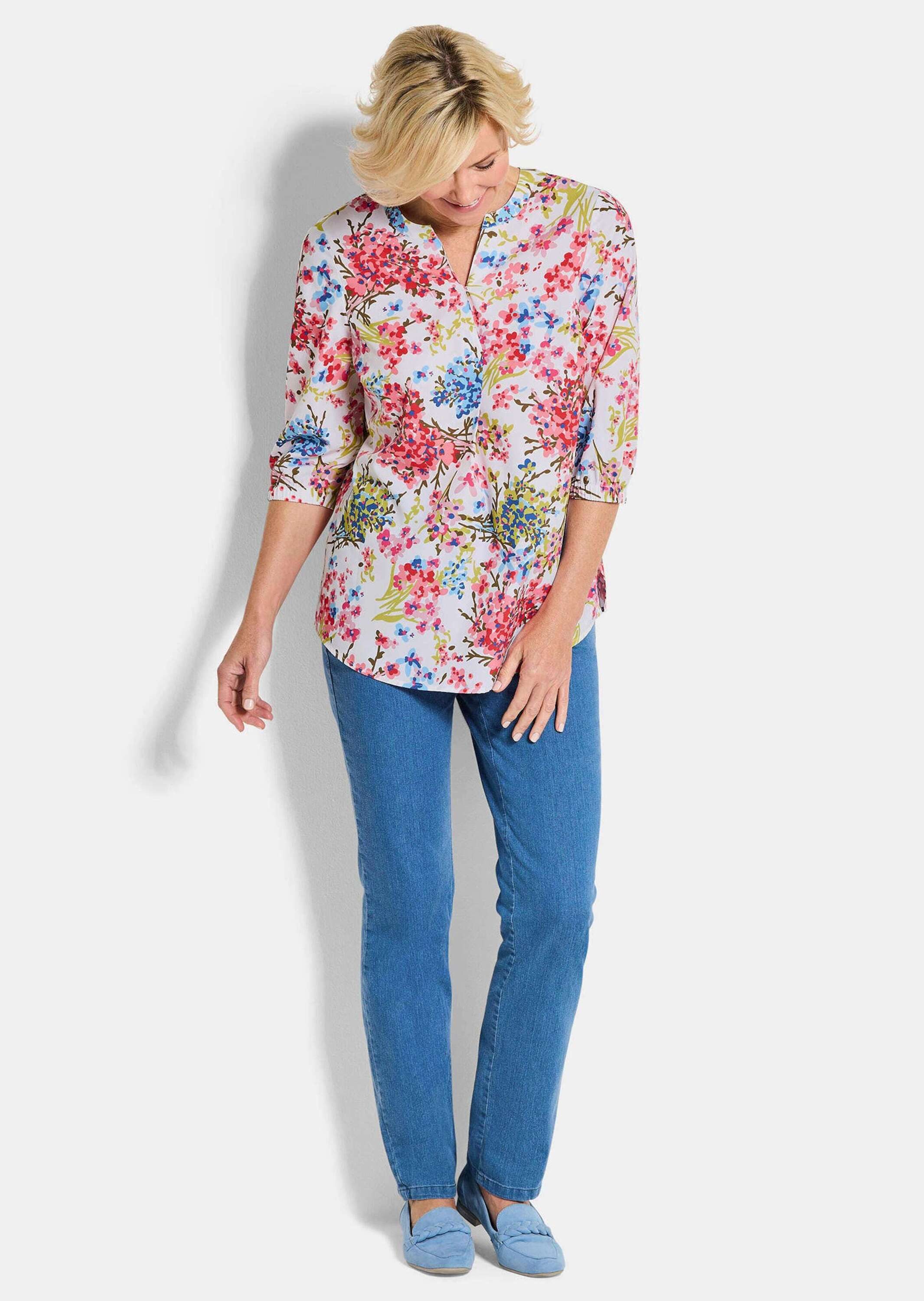 GOLDNER Tunika Kurzgröße: Schlupfbluse mit floralem Muster Freizeitbluse mit Rundhals mit V und 3/4-Ärmeln