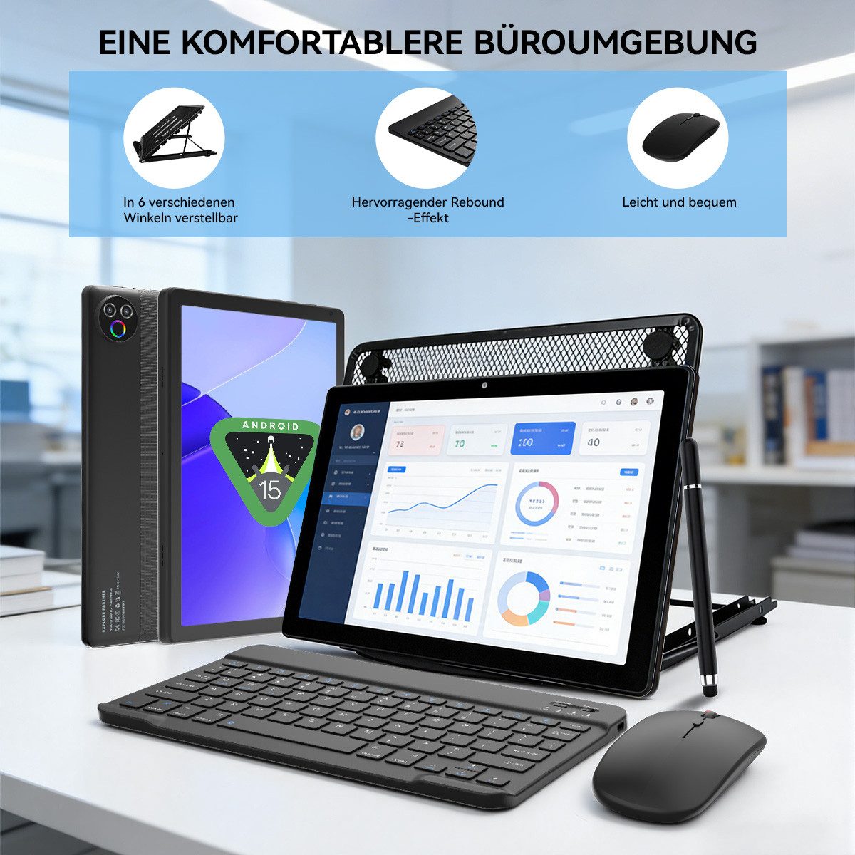 BUFO 10,1 Zoll 20(3+17)GB+64GB+1TB erweiterbar, Android 15, HD 1280x800 Tablet (10,1", 64 GB, Tablet mit Tastatur, Maus, Stift und Kühlerständer, WiFi 6)