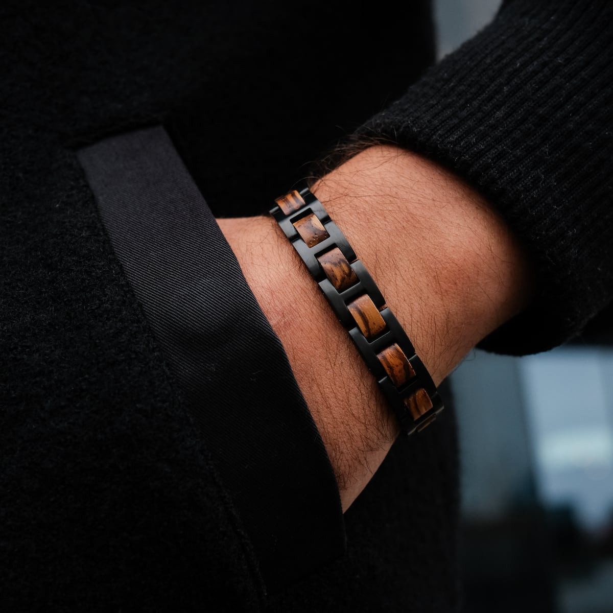 Holzkern Gliederarmband HerrenEdelstahl mit Holz Acoustic Zebrano/Schwarz