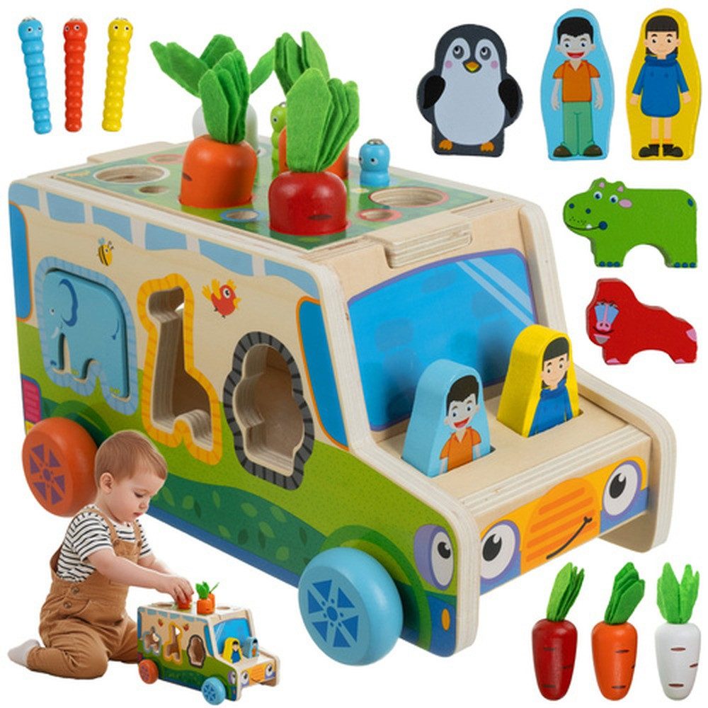 KRUZZEL Lernspielzeug Holzauto Kinderspielzeugauto (Spar-Set, Sortierspiel), fördert Motorik, Farberkennung und logisches Denken