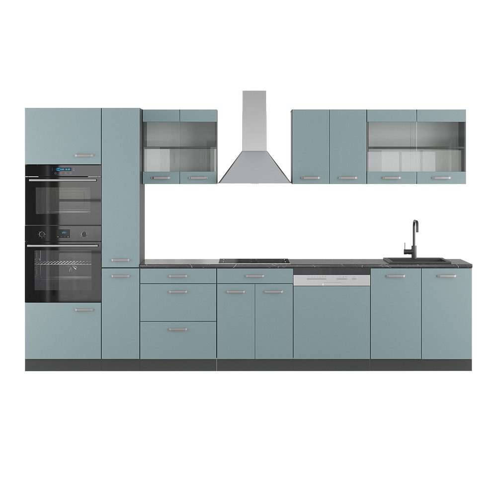 Vicco Küchenzeile R-Line, Blau-Grau/Anthrazit, 350cm mit Hochschrank ohne Arbeitsplatte