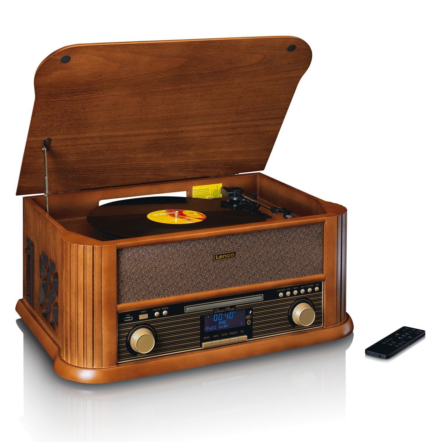 Lenco Retro Holz Plattenspieler TCD-2570WD Plattenspieler (Riemenantrieb,  Bluetooth, Bluetooth, DAB+-Radio, CD-Player und Kassettenspieler)