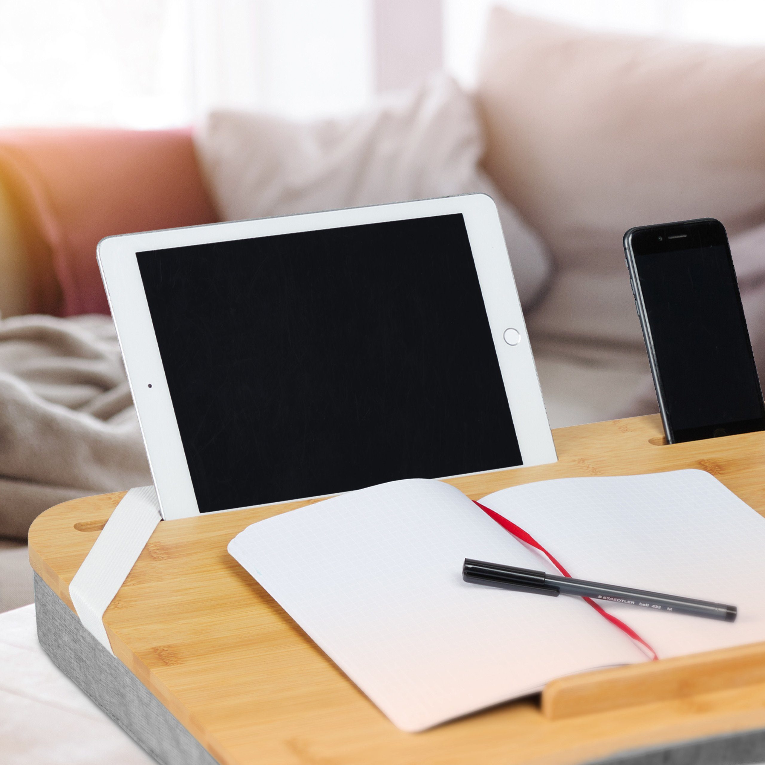 relaxdays Laptop Tablett Graues Laptopkissen mit Bambusablage, Bambus, (1-tlg) – Bild 5 von 5
