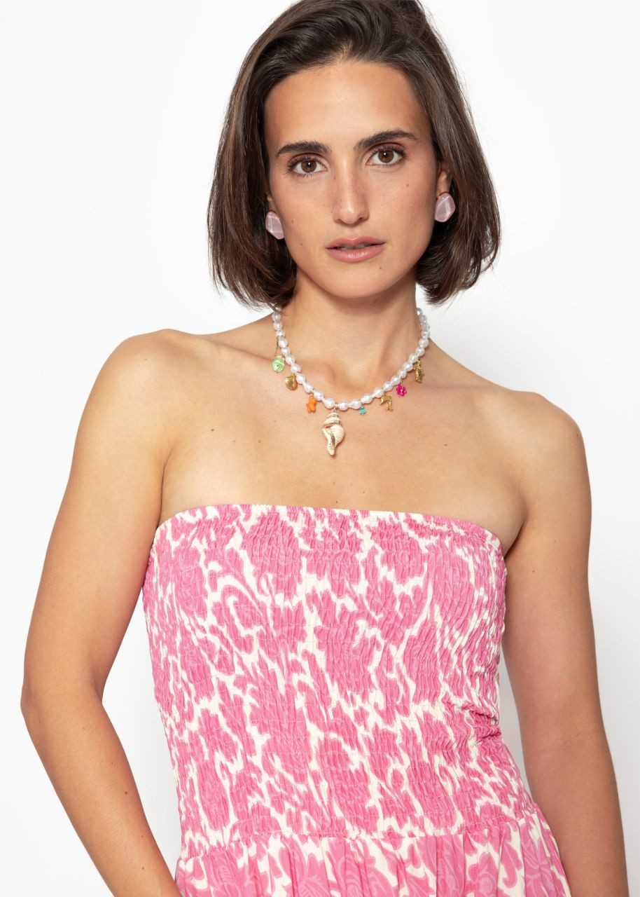 SASSYCLASSY Midikleid Gesmoktes Bandeau-Kleid mit Print Damen trägerloses Midikleid mit gerafftem Bustier jeansblau