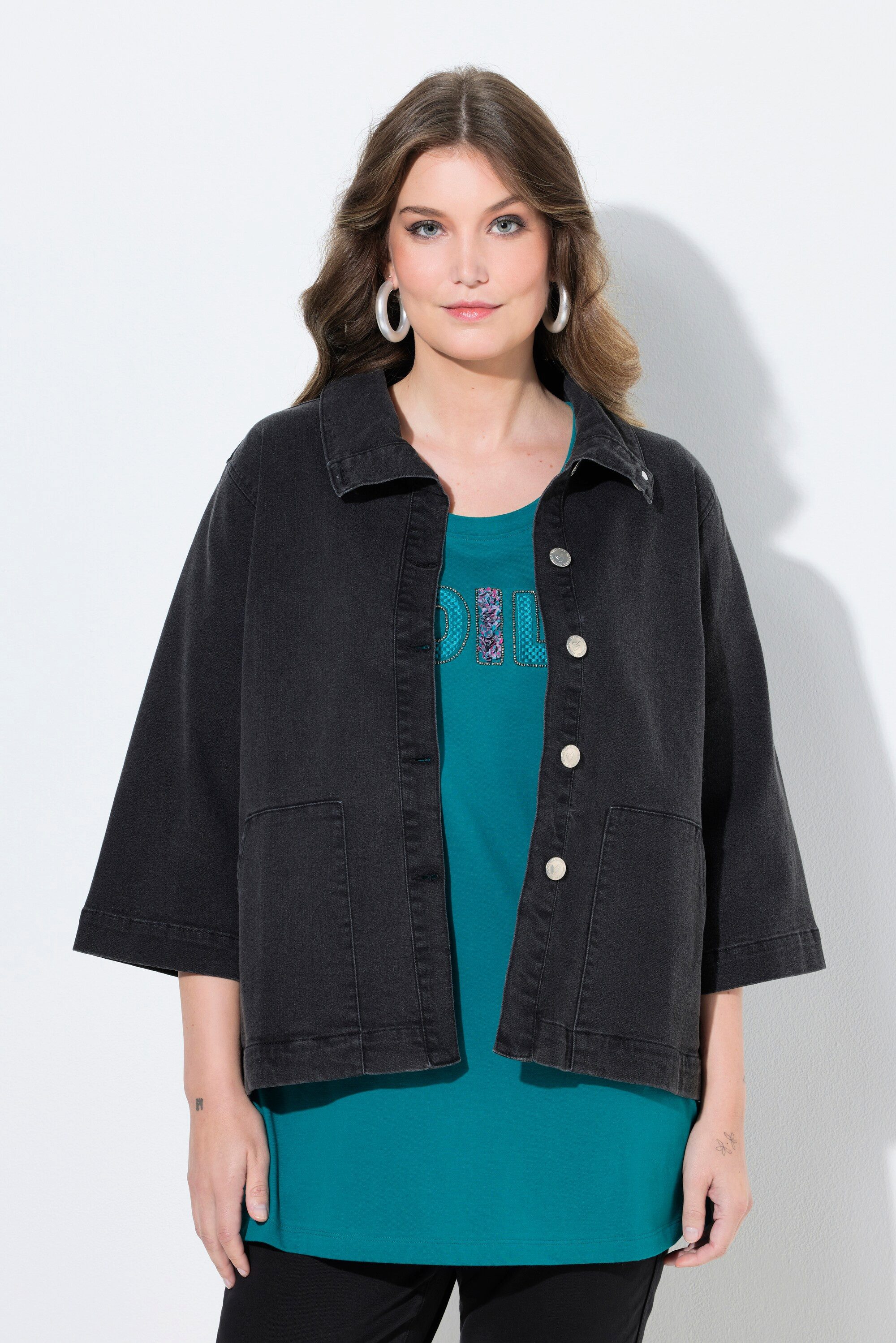 MIAMODA Sommerjacke Jeansjacke A-Linie Cape-Form Stehkragen