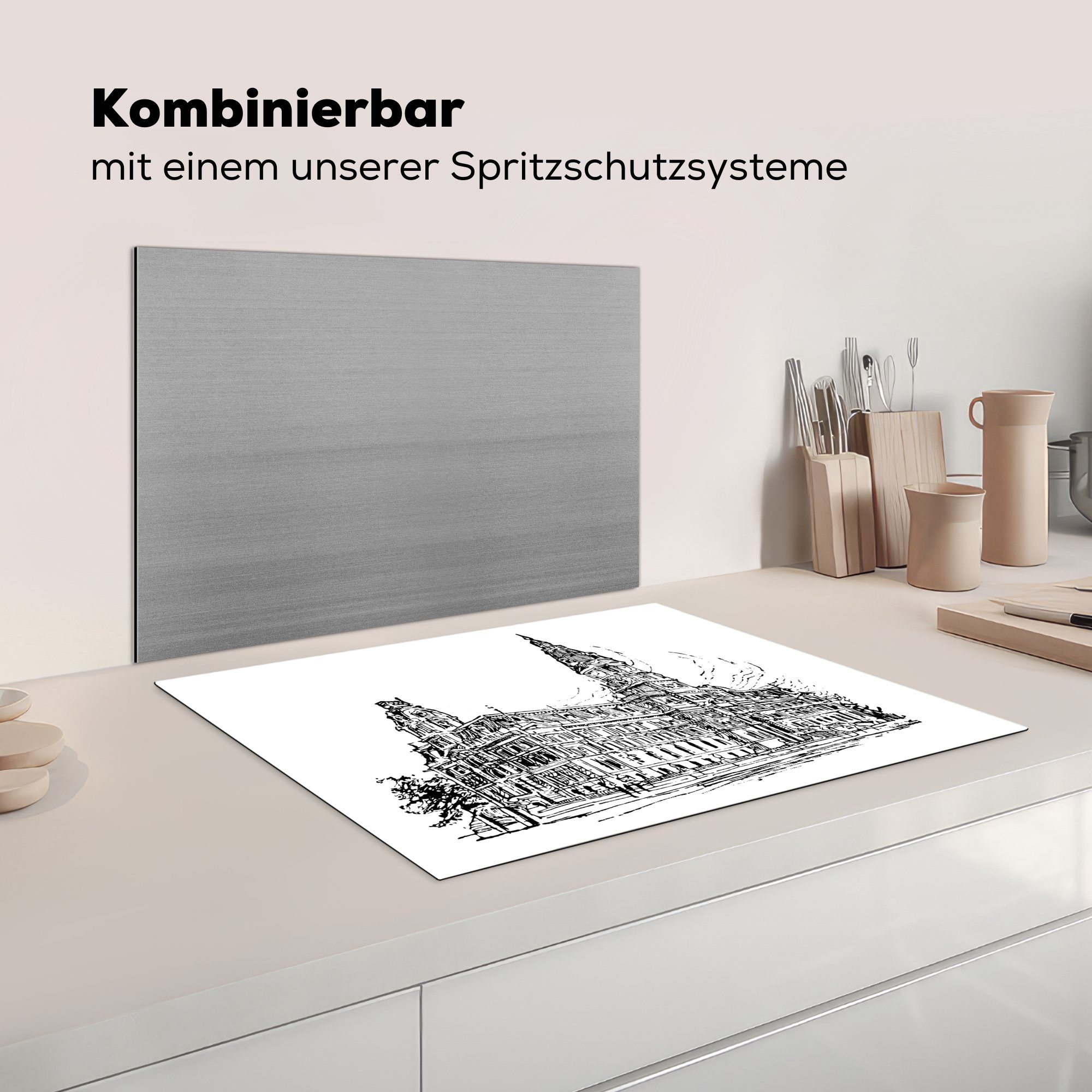 Ceranfeldabdeckung Herdblende-/Abdeckplatte 70x52 cm, Illustration nutzbar, Vinyl, der MuchoWow in Mobile eines Stadt, (1 schwarz-weiße tlg), Arbeitsfläche Eine Gebäudes