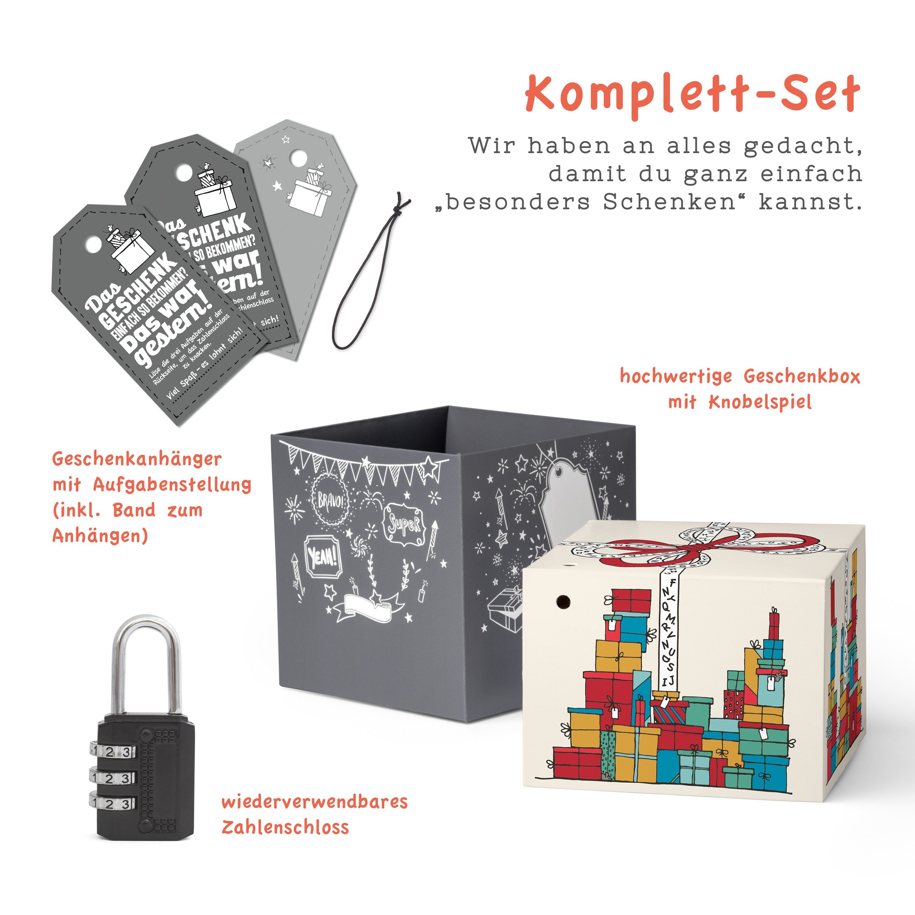 SURPRISA Geschenkbox Rätzel Geschenkbox, Geldgeschenk Verpackung & Gutschein Geschenk Box (inkl. 3-stelligem Zahlenschloss), Geschenkkarton Geschenkrätsel, 12,5 x 12,5 x 12,5 cm, farbig
