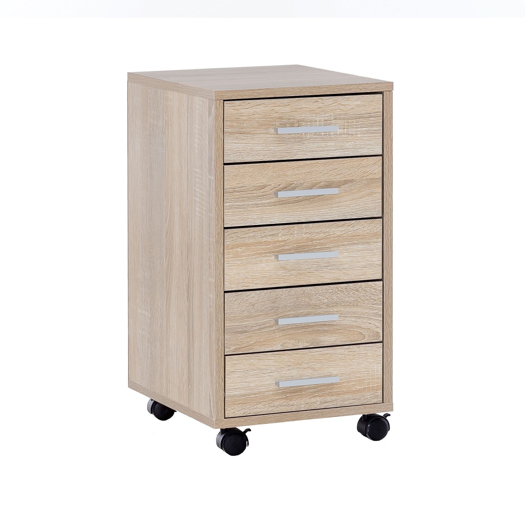 möbelando Rollcontainer Rollcontainer Sonoma 33 x 63 x 38 cm Holz Schublad, Rollcontainer Sonoma 33 x 63 x 38 cm Holz Schubladenschrank Schreibtisch, Büro Schrank mit 5 Schubladen, Container Rollschrank klein Standcontainer schmal, Schreibtischcontainer mit Rollen