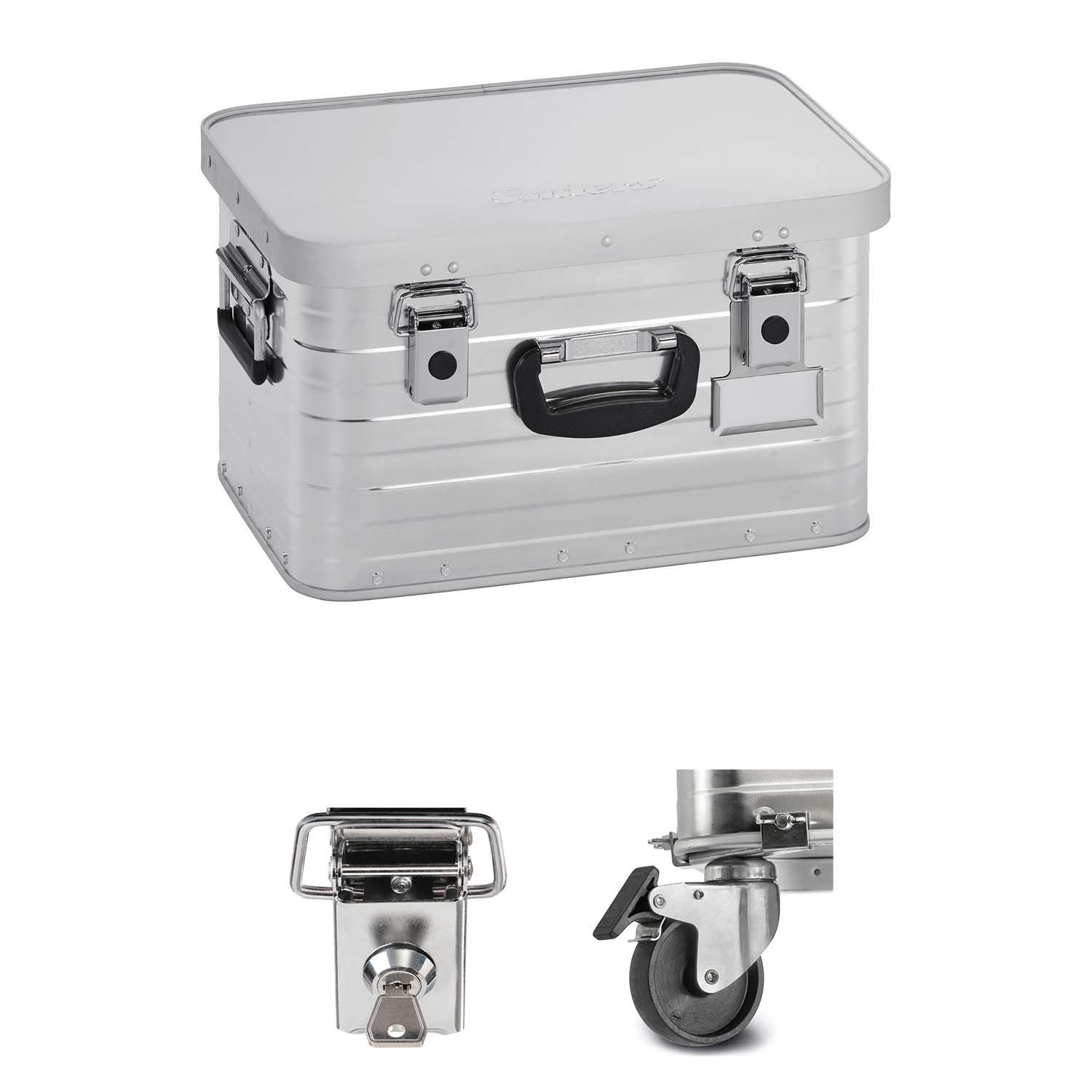 Enders® Aufbewahrungsbox Alubox 29 Liter + Schloss-Set + Transportrollen-Set, Alukiste Transportbox Lagerbox Alukoffer Metallkiste Alubox