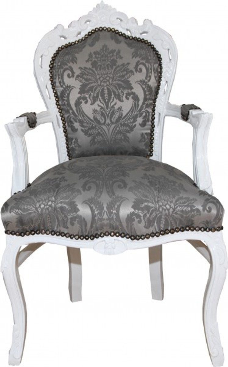 Casa Padrino / Barock Muster Esszimmer Weiß mit Stuhl Möbel Grau Armlehnen Esszimmerstuhl - Antik