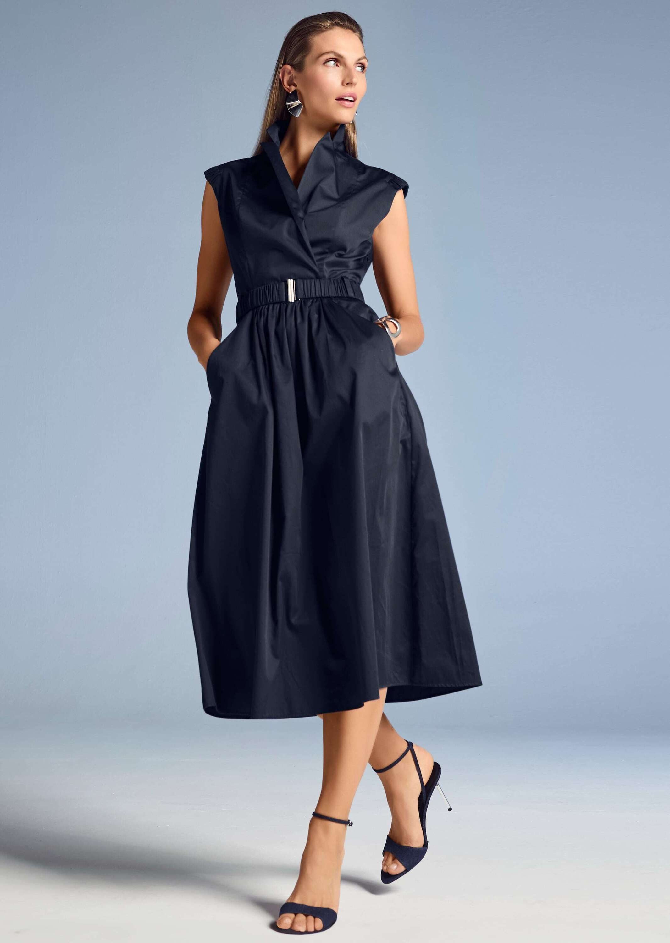 MADELEINE Midikleid Sommerkleid mit Gürtel Midikleid mit Reverskragen, Taschen, Knielänge und ohne Arm