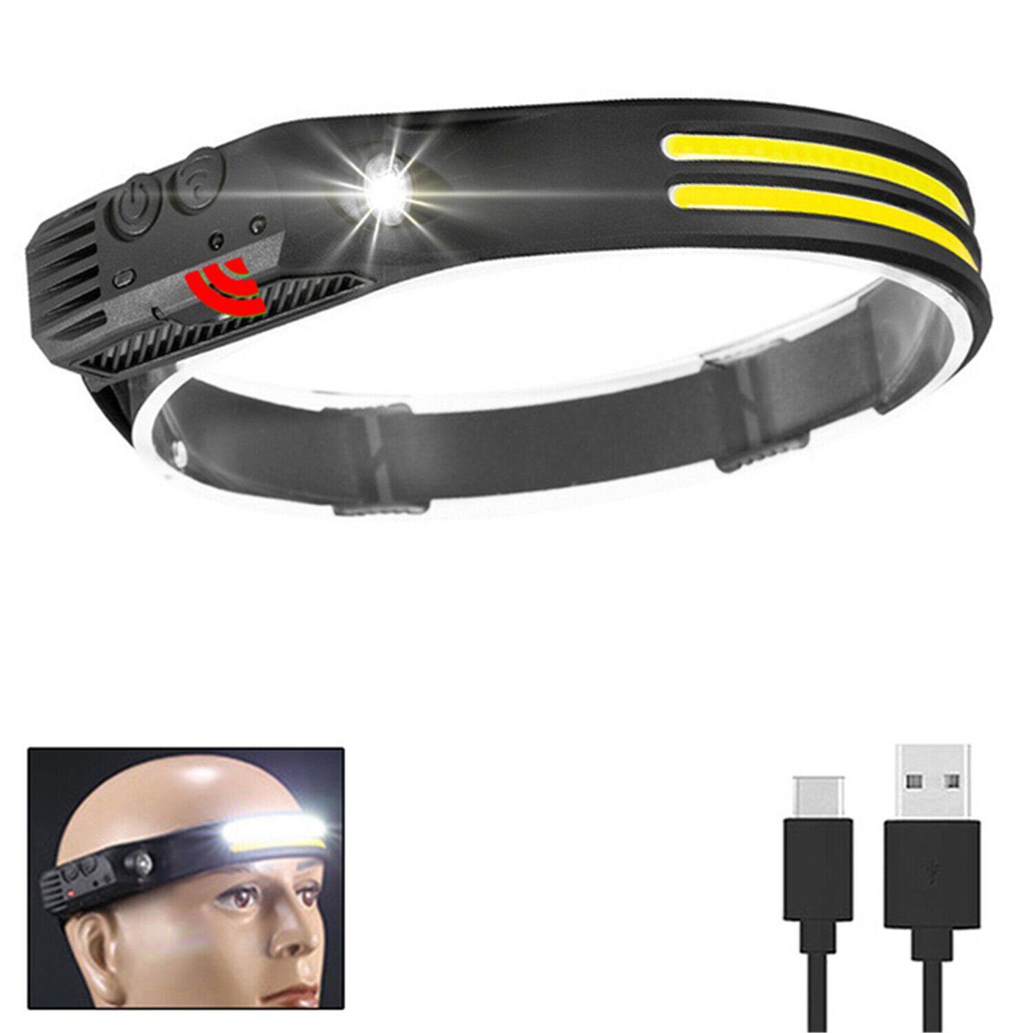 Olotos Stirnlampe LED COB XPE Kopflampe Scheinwerfer USB Wiederaufladbar mit Sensor, 1-3 COB 5 Modi 230°Ultra Weitwinkel Rot Gelb Licht IPX4 Wasserdicht 2 COB - Weisslicht