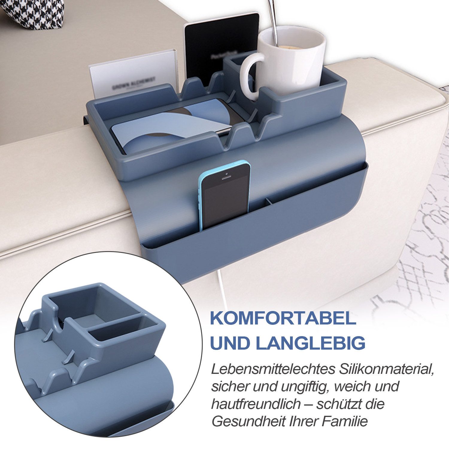 Refttenw Tablett Sofatablett Armlehne mit Getränkehalter,Anti-Rutsch Sofa Tablett, mit Zwei Seitentaschen und Telefonhalterung