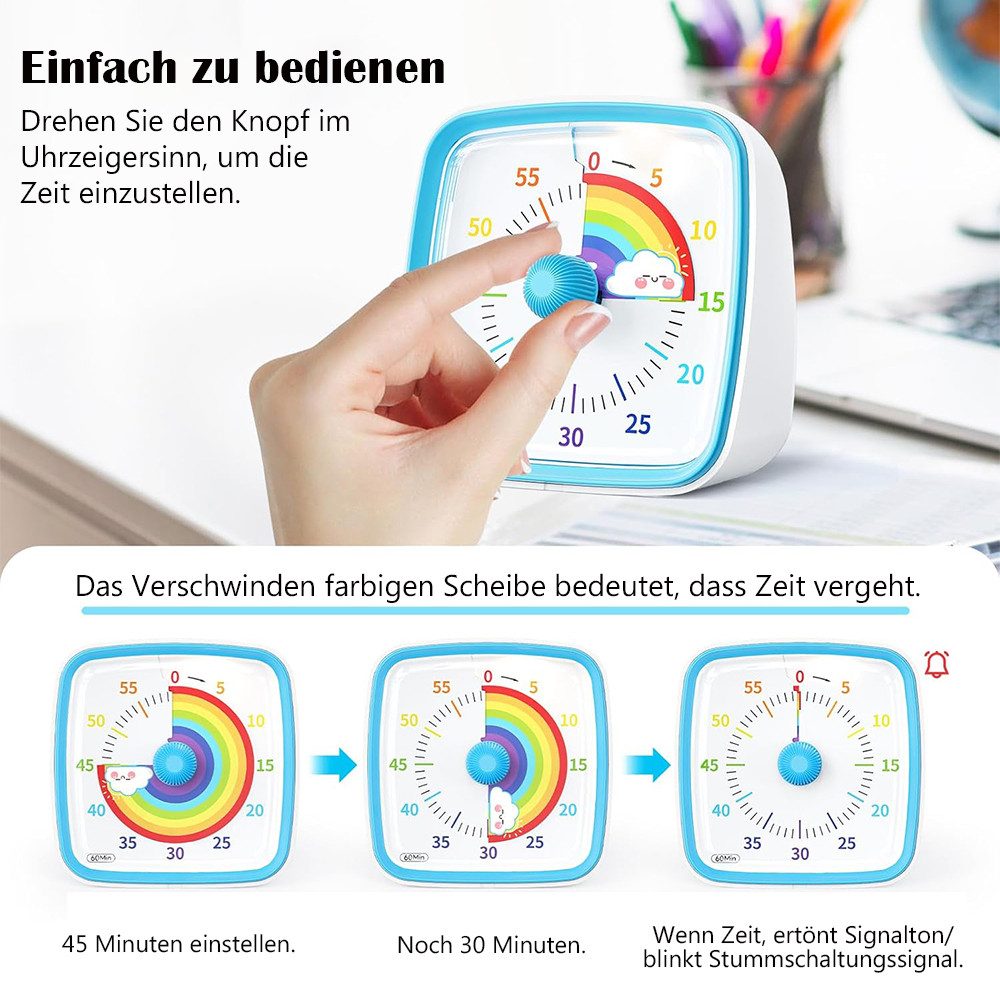 TUWENA Intervall-Timer Visueller Timer für Kinder, 60 Minuten Regenbogen Countdown Timer, Mit Stummer Flash, Zeitmanagement Tool für Klassenzimmer, Haus, Küche