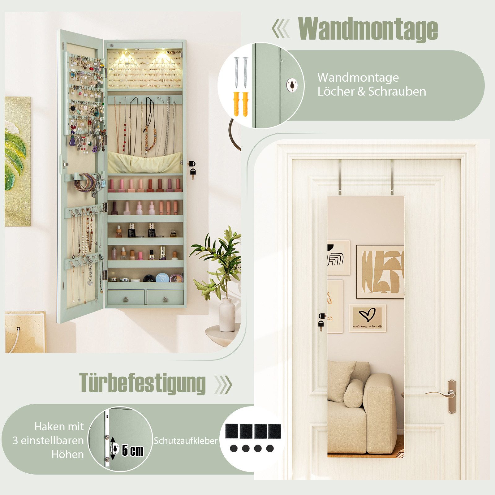 COSTWAY Schmuckschrank mit LED & Spiegel abschließbar, Wandspiegel hängend – Bild 2 von 5