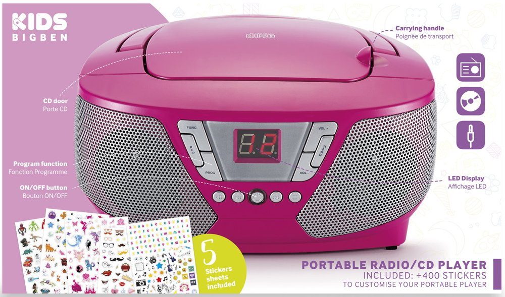 BigBen tragbarer CD60 Kids pink 400 AU364460 CD-Player AUX-IN Sticker Radio FM