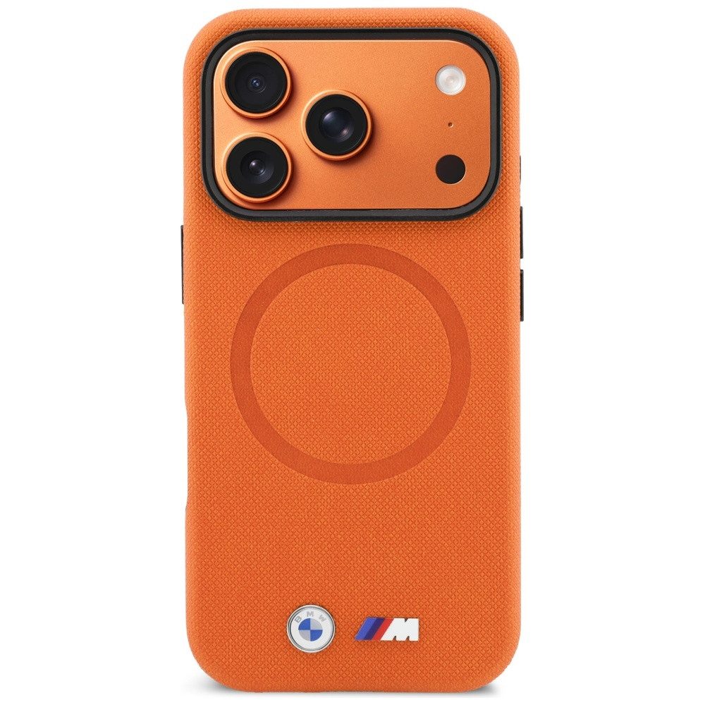 BMW Handyhülle iPhone 17 Pro MagSafe Kunstleder orange Logo Metall 6,3 Zoll, Kantenschutz