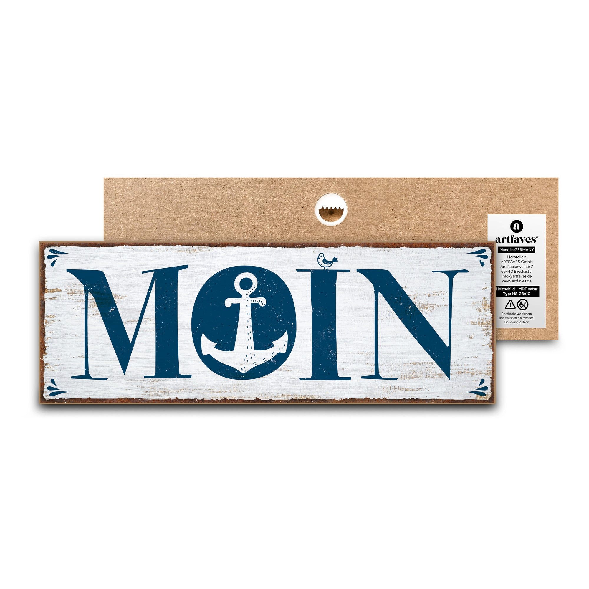ARTFAVES Holzbild Schild mit Spruch - Moin - Hamburg, Nordsee, Meer, maritime Deko