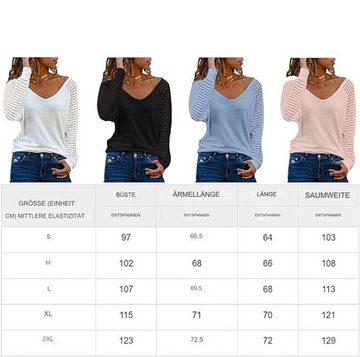 FIDDY Carmenbluse Damen Oberteile Streifen Mesh Langarmshirt Casual V-Ausschnitt