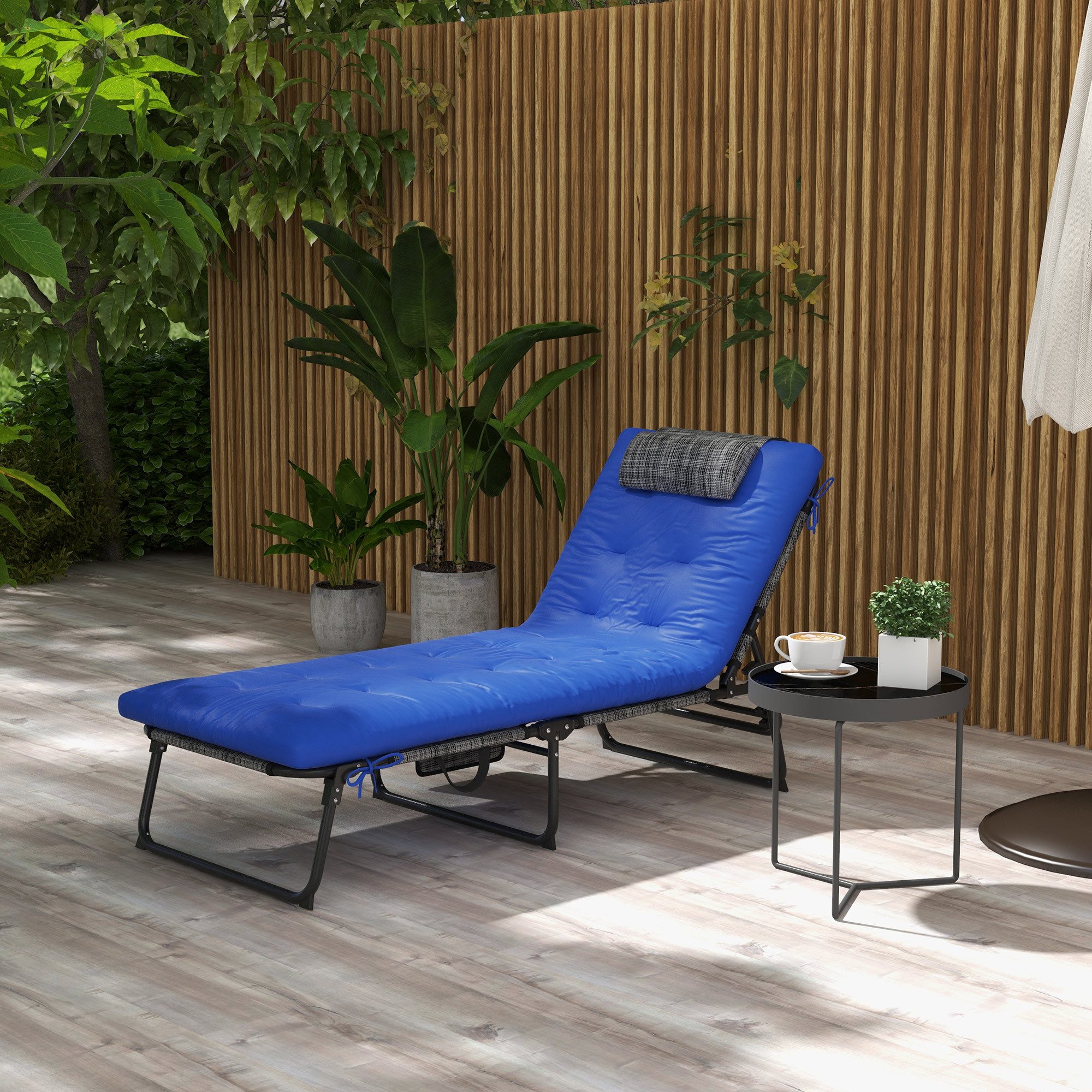 Outsunny Gartenliege mit Kopfkissen, 4-Fach verstellbare Rückenlehne, wetterfest Liegestuhl, 1 St., klappbar Sonnenliege, bis 120 kg belastbar, für Garten Outdoor Pool, Blau