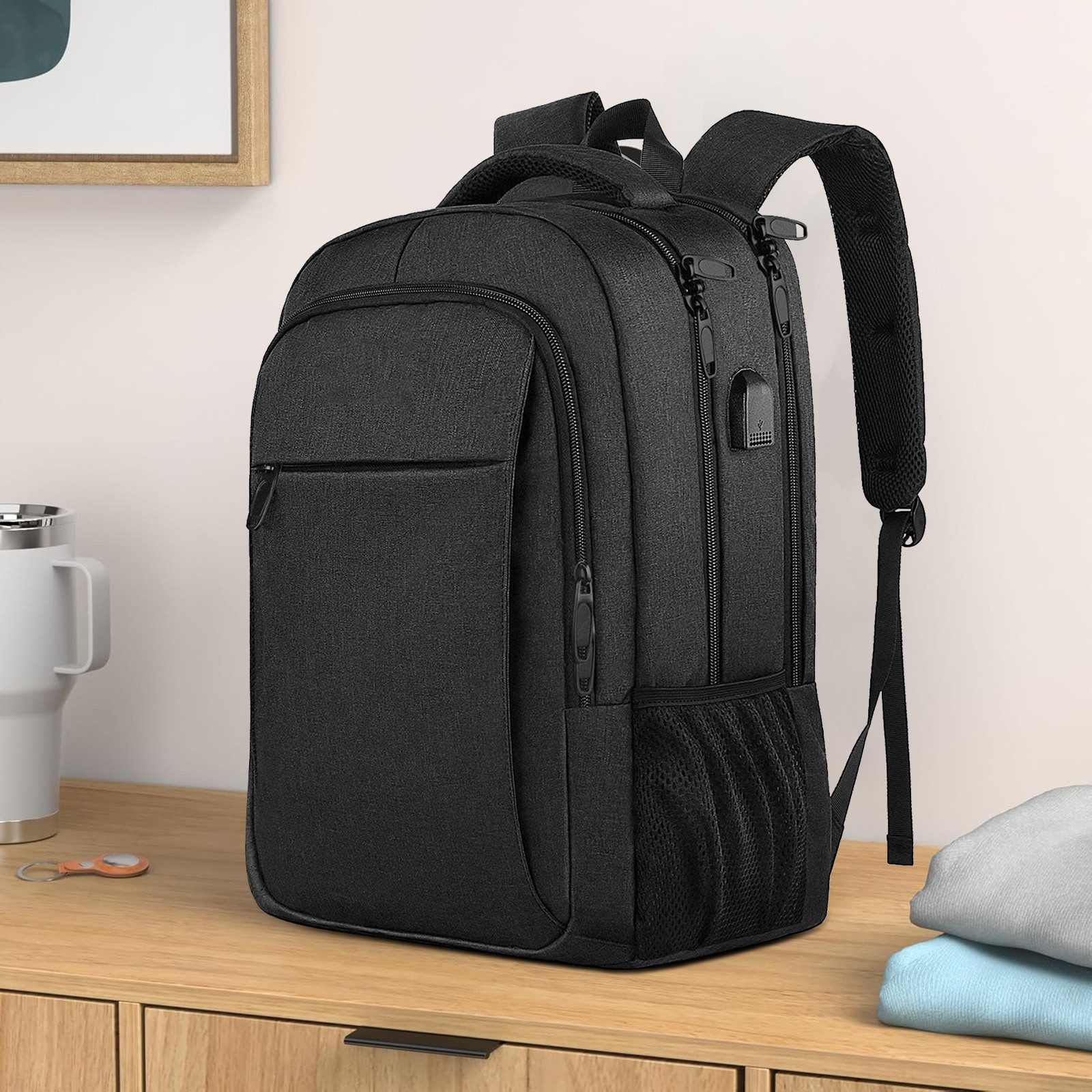 REDOM Laptoprucksack Schwarzer Laptop-Rucksack 17,3 Zoll für Business, Reise & Uni (USB-Anschluss, versteckt Anti-Diebstahlfach, Kofferband Laptopfach, 1-tlg., Anti-Diebstahl, mit Koffergurt), 15 Fächer, wasserabweisendes Oxford-Gewebe, atmungsaktive Gurte