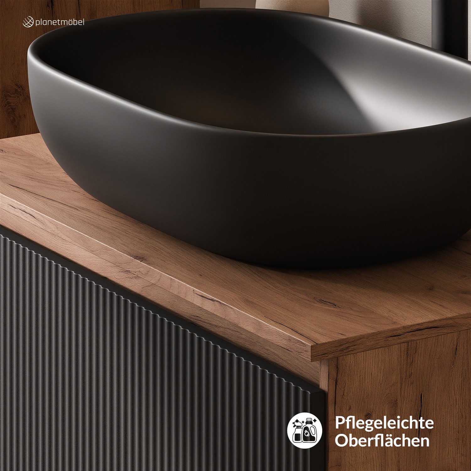 Planetmöbel Waschtisch-Set Arisa 2 teilig, Waschtisch mit Unterschrank 80 cm, Waschbecken 60 cm, (Waschtischunterschrank hängend für Gäste WC & Bad, schwarz geriffelt, Badmöbel Set mit Waschbecken 60 cm schwarz), Schublade mit Soft-Close Funktion