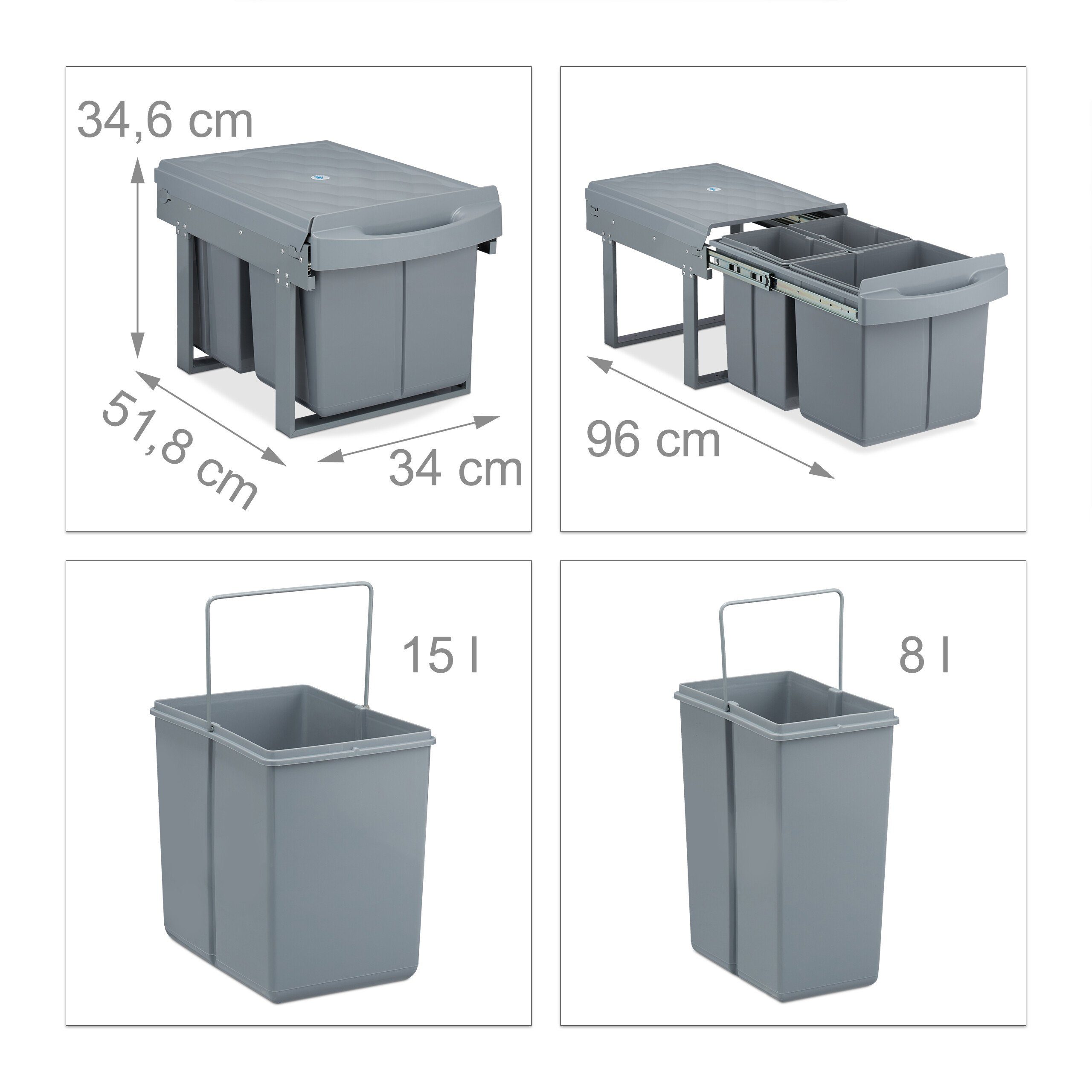 relaxdays Einbaumülleimer Einbaumülleimer 3-fach grau