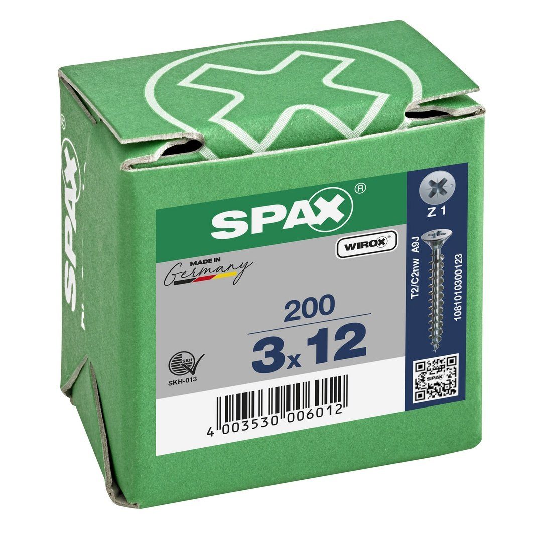 St), (Stahl mm 3x12 Spanplattenschraube 200 verzinkt, SPAX weiß Universalschraube,