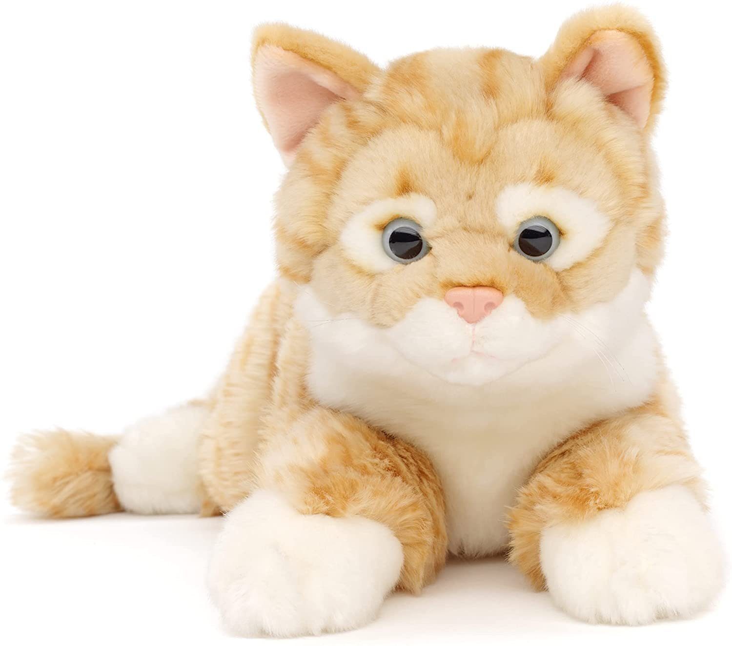 Uni-Toys Kuscheltier Katze mit - braun Plüschtier, Fell grau 100 38 - Plüsch, / - getigertem Füllmaterial zu % cm recyceltes