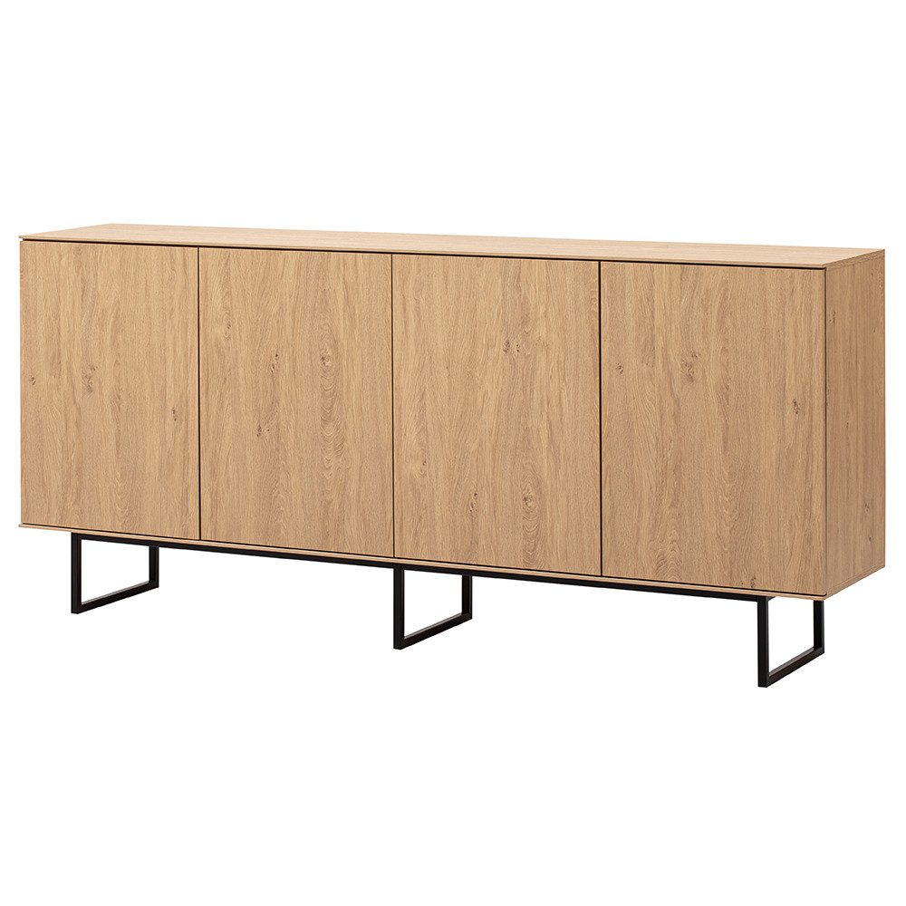 Lomadox Sideboard KASOL-61, Eiche Dekor 200 cm 4-türig grifflos Push-to-open Metallgestell schwarz